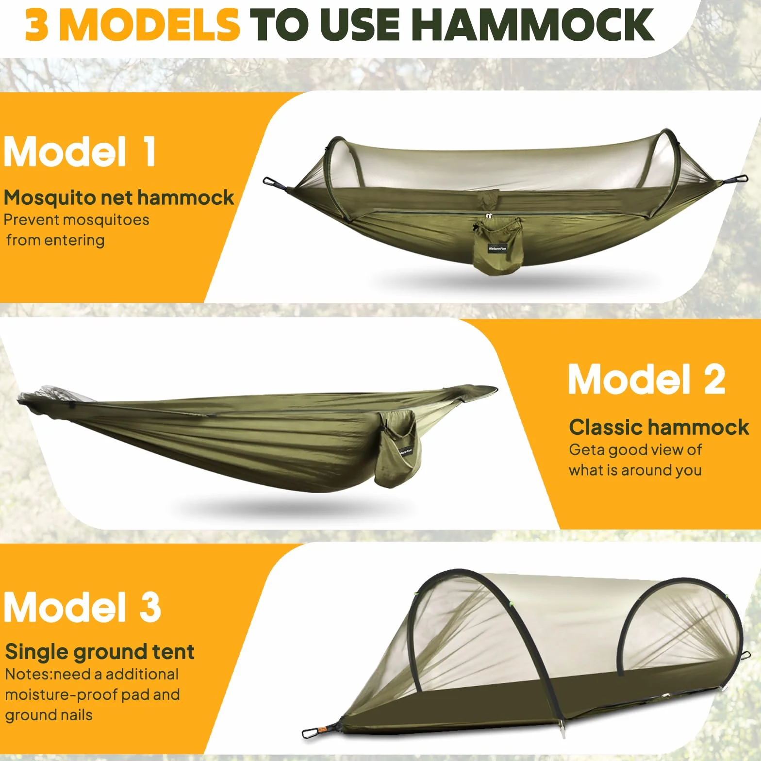 NATUREFUN Hamac de camping ultra-léger anti-moustiques 300 kg nylon parachute respirant séchage rapide