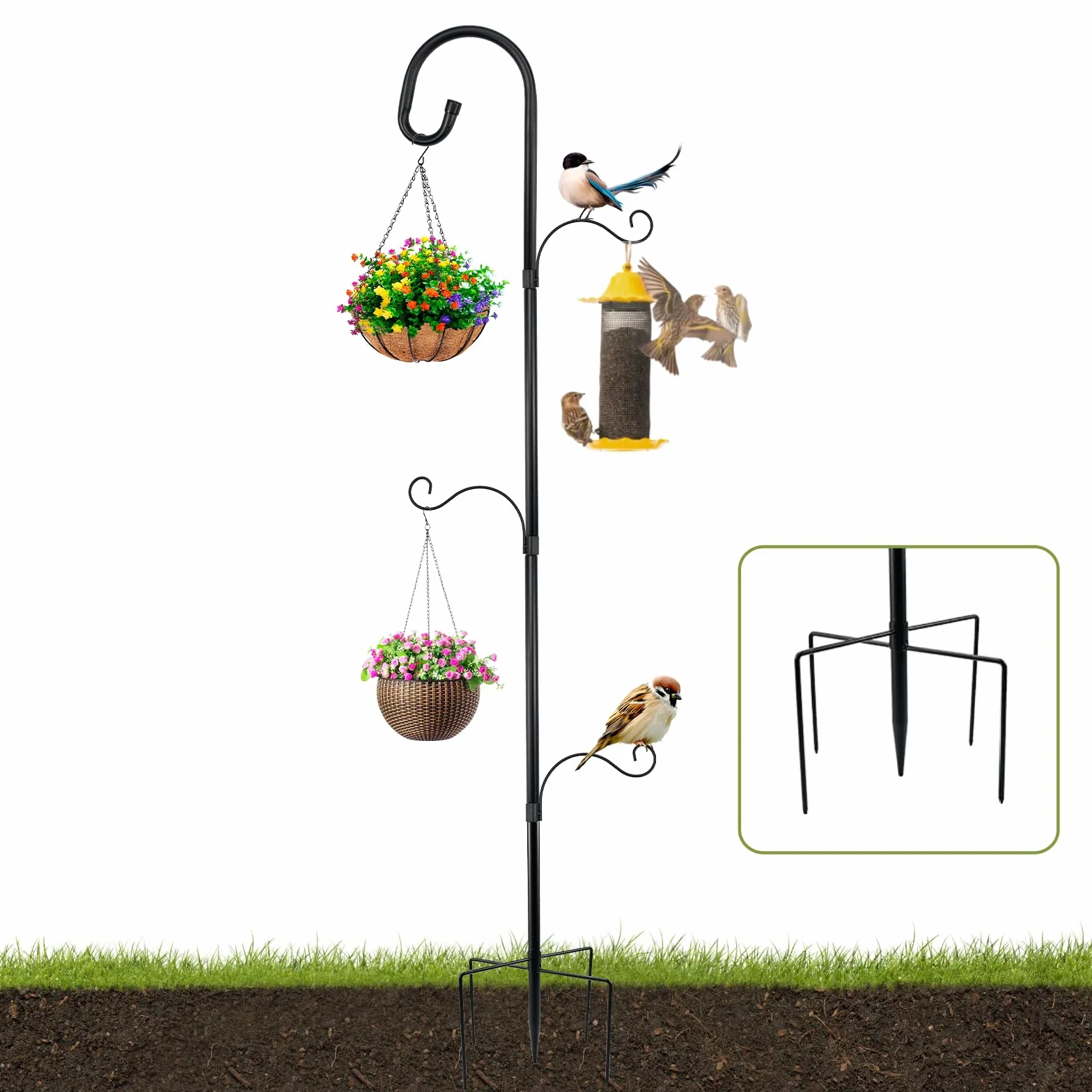 Support Mangeoire Oiseaux Métallique 193 cm 3 Crochets pour Extérieur Jardin