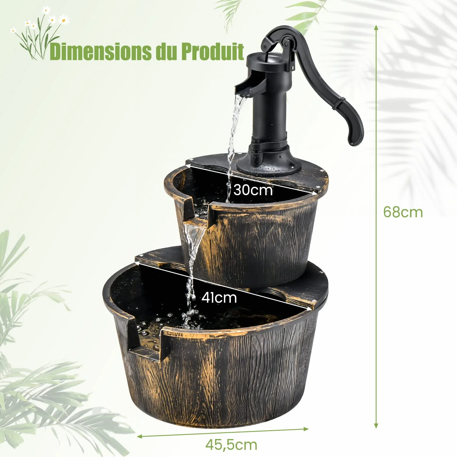 COSTWAY Fontaine Cascade Extérieure 2 Étages Pompe Réglable 68 cm PP Bronze Jardin