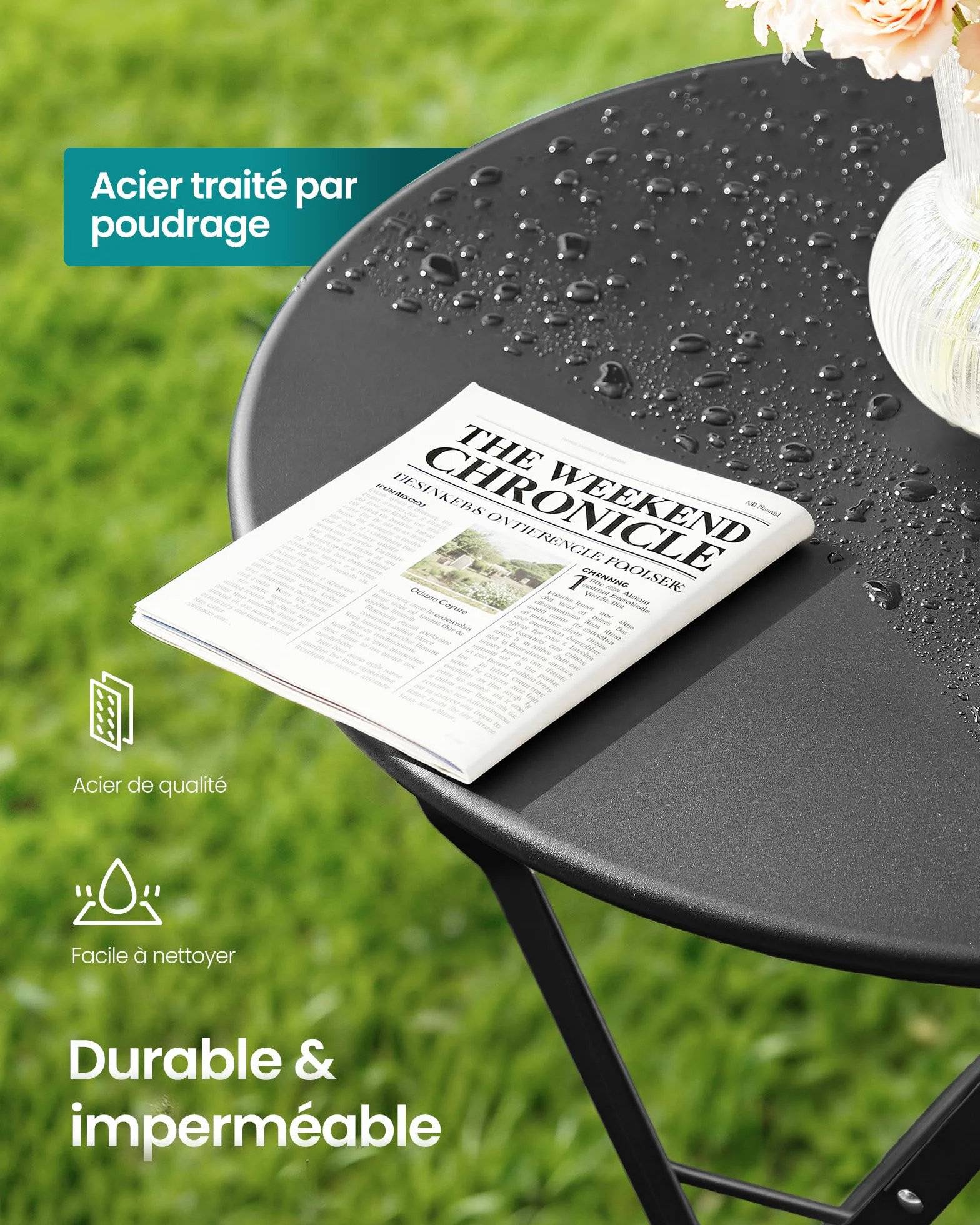 SONGMICS Table de Jardin Exterieur 3 Pièces Pliable Acier Résistant aux Intempéries Noir d'encre