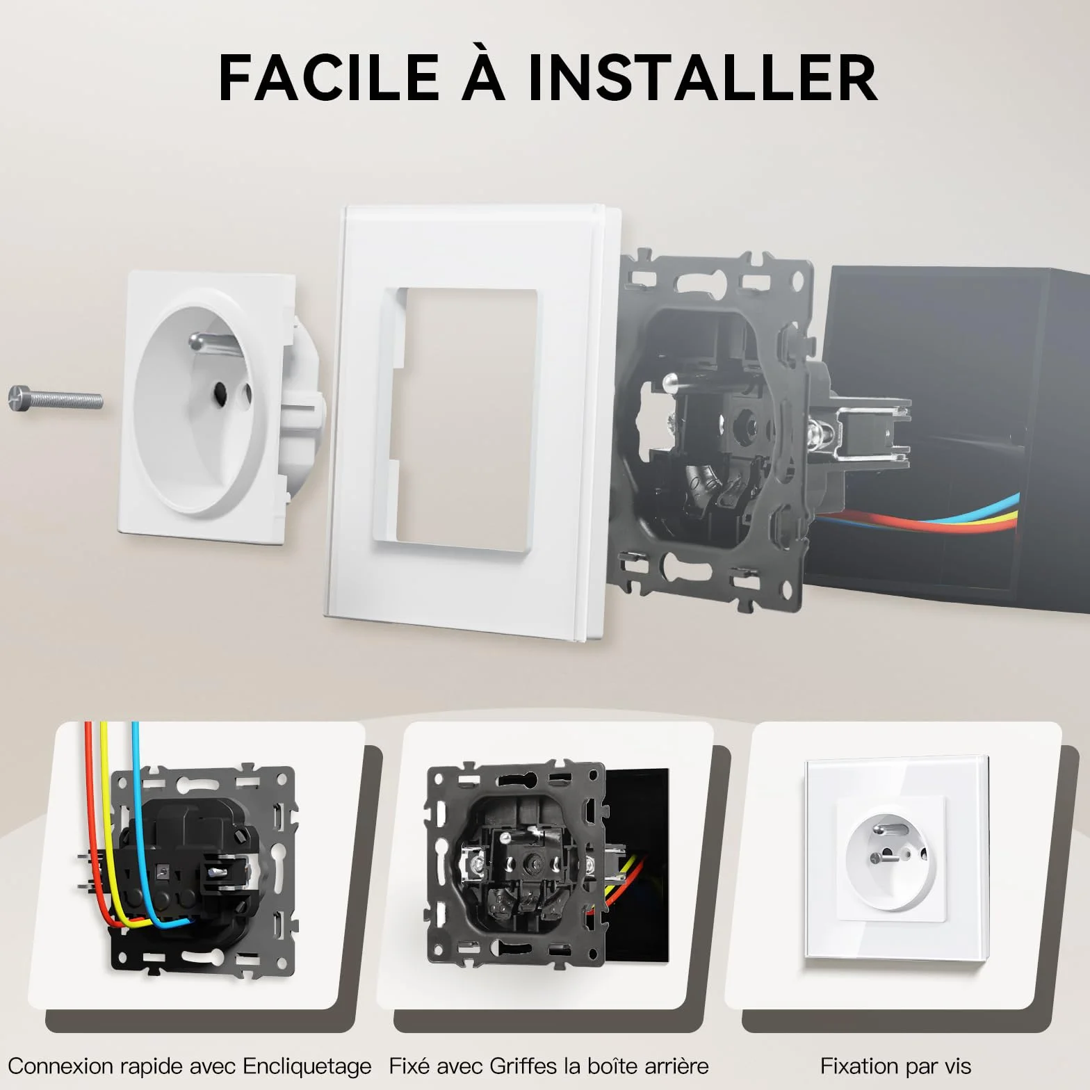 BSEED Prise Murale Verre 16A 250V Norme Française Connexion Rapide Sans Vis 86mm Blanc 2 Paquets