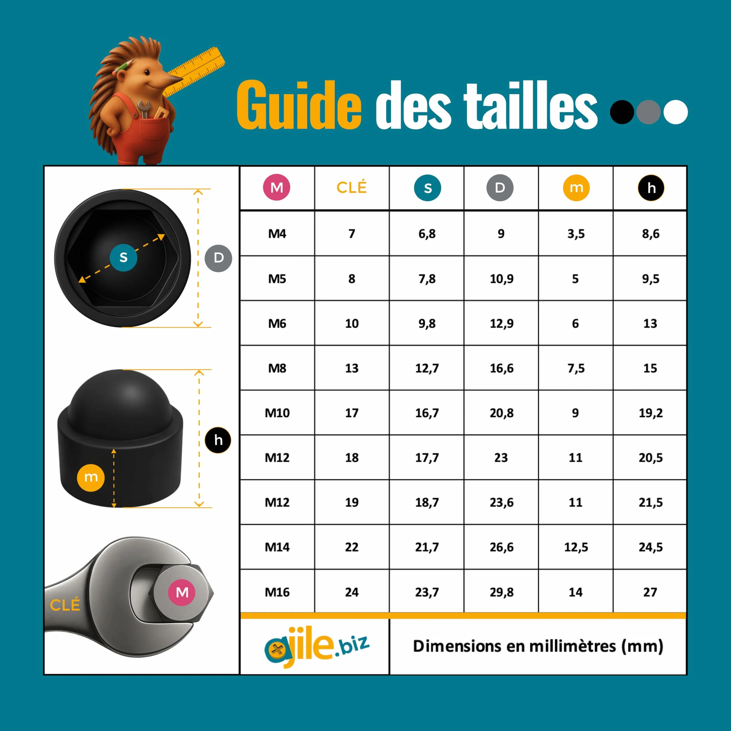 Ajile – 20 Caches Écrous M10 - Clé 17 mm – Protège Écrou Et Vis – Capuchons Plastique Noirs Résistants – Cache Vis Décoratif, Protection Anti-Rouille Et Finition Propre - Bricolage