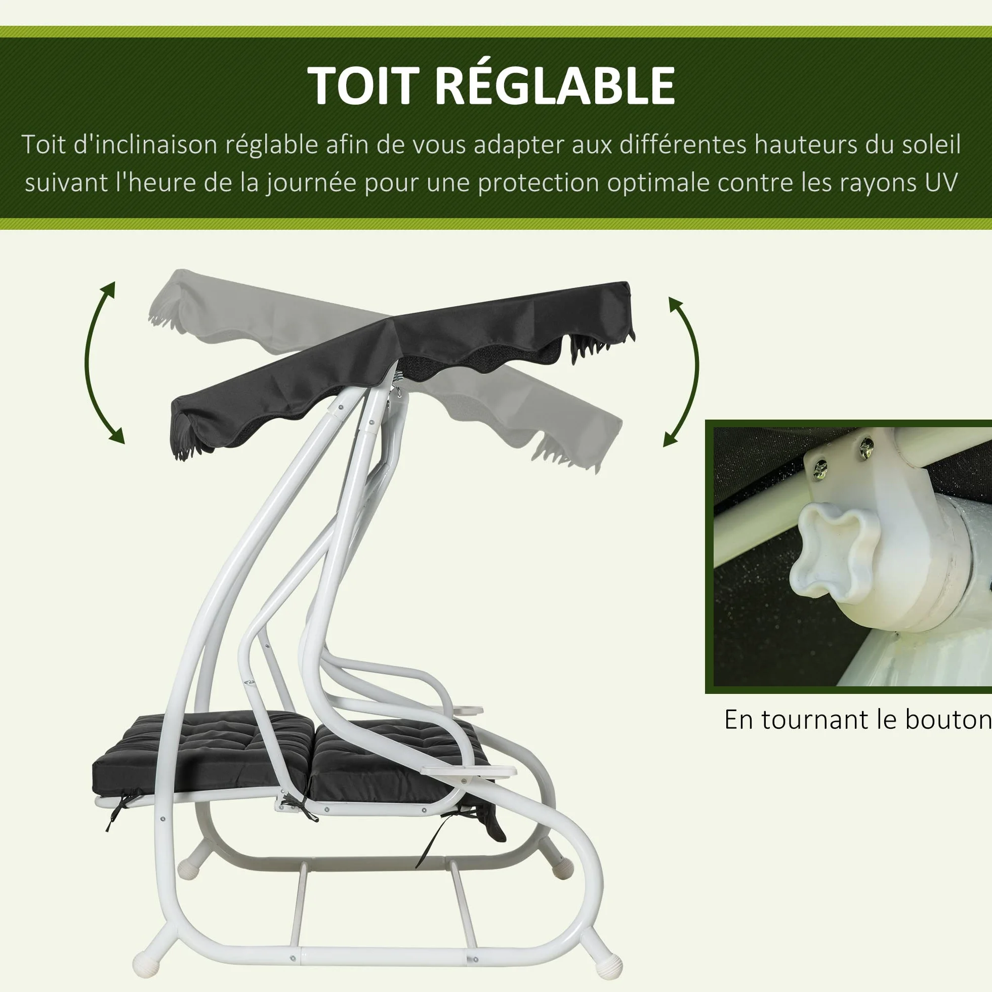 Outsunny Balancelle de Jardin 2 Places Convertible Toit Inclinaison réglable Coussin Métal Polyester Noir