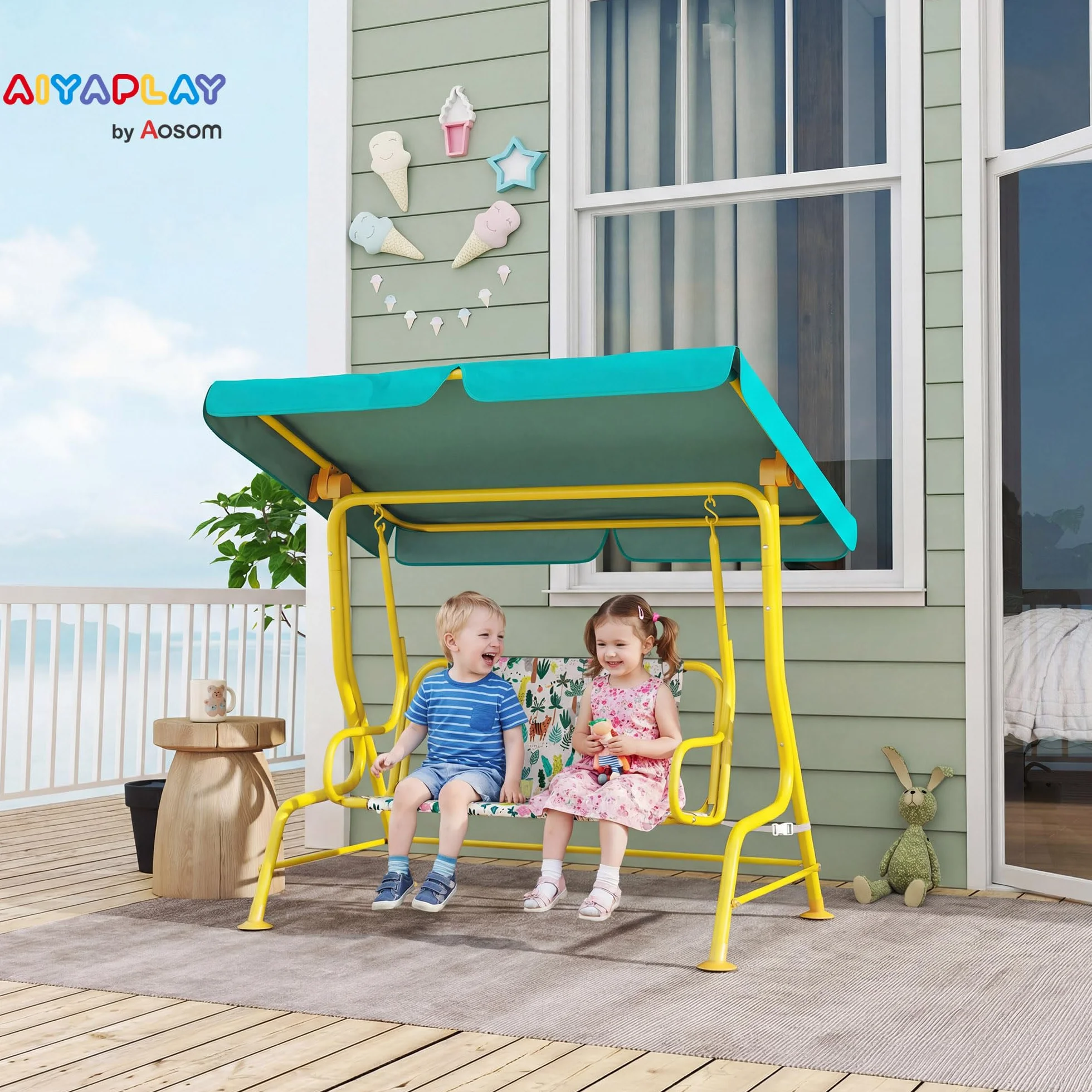 AIYAPLAY Balançoire Hollywood pour Enfants 2 Places avec Pare-Soleil réglable, Ceinture de sécurité, Banc de Jardin