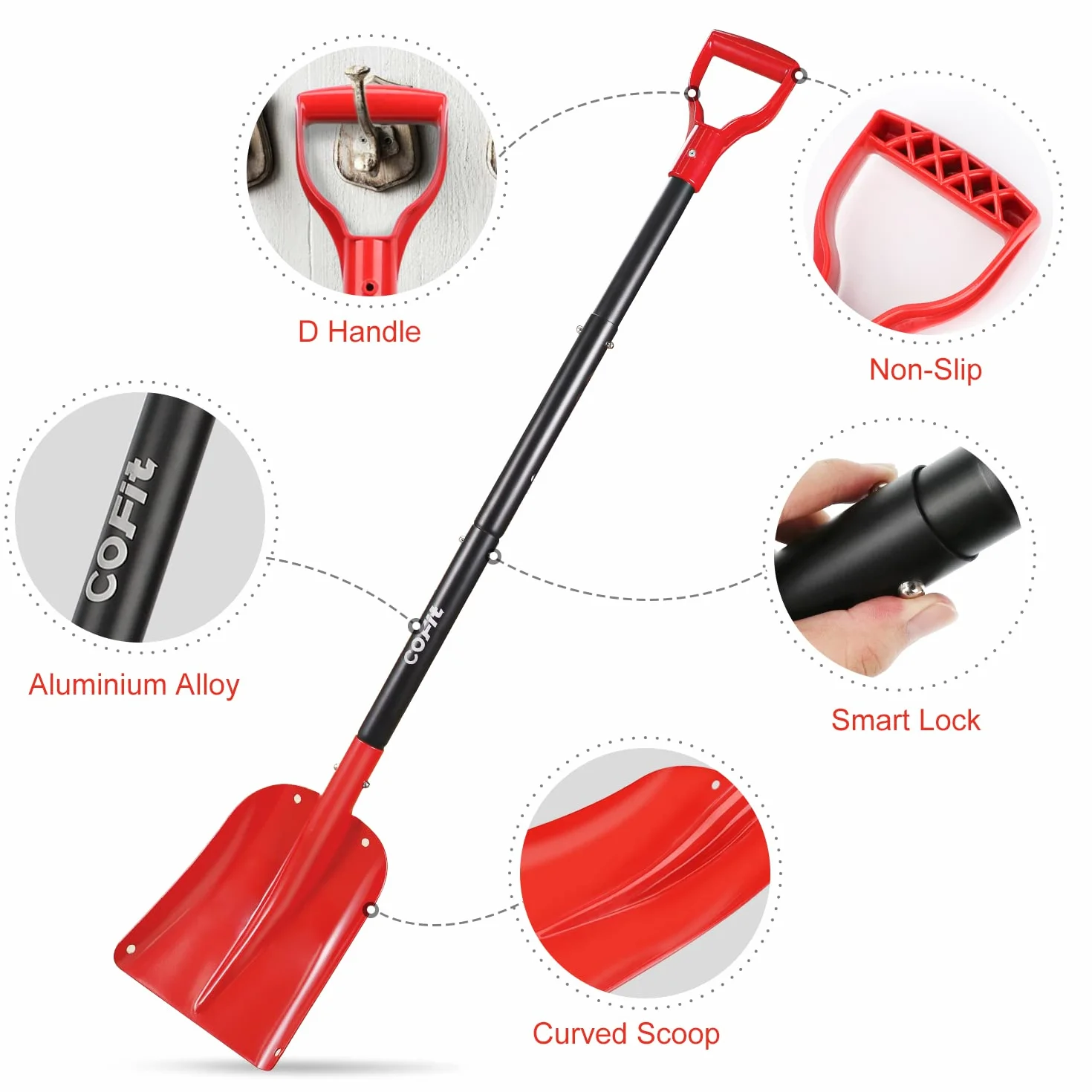 COFIT Pelle à Neige Voiture 120cm Détachable Manche Long Aluminium Rouge