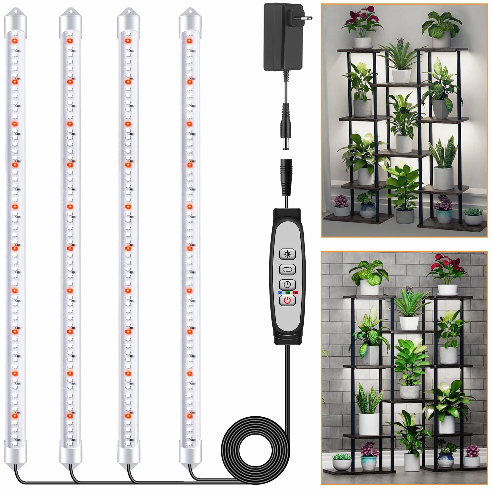 Luz para Cultivo de Plantas, Lámpara Solar de Espectro Completo, 4 Barras con Temporizador 6/12/18H, 5 Niveles Regulables