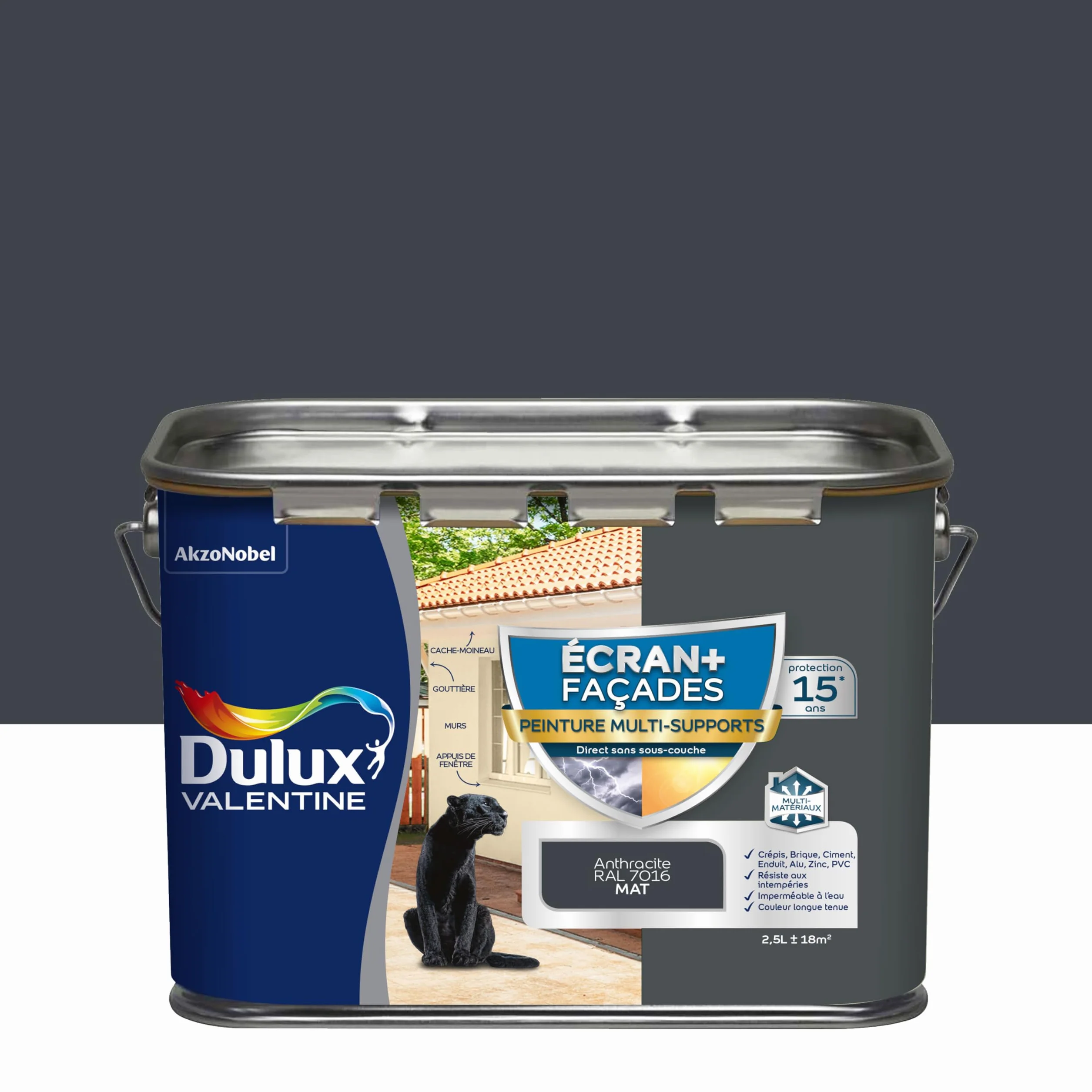 Dulux Valentine Peinture Ecran+ Multi-Supports Extérieure Façades - Crépis, Briques, Ciment, Enduit, Alu, Zinc, PVC - Couleur Longue Tenue - Mat Gris Anthracite 2,5L