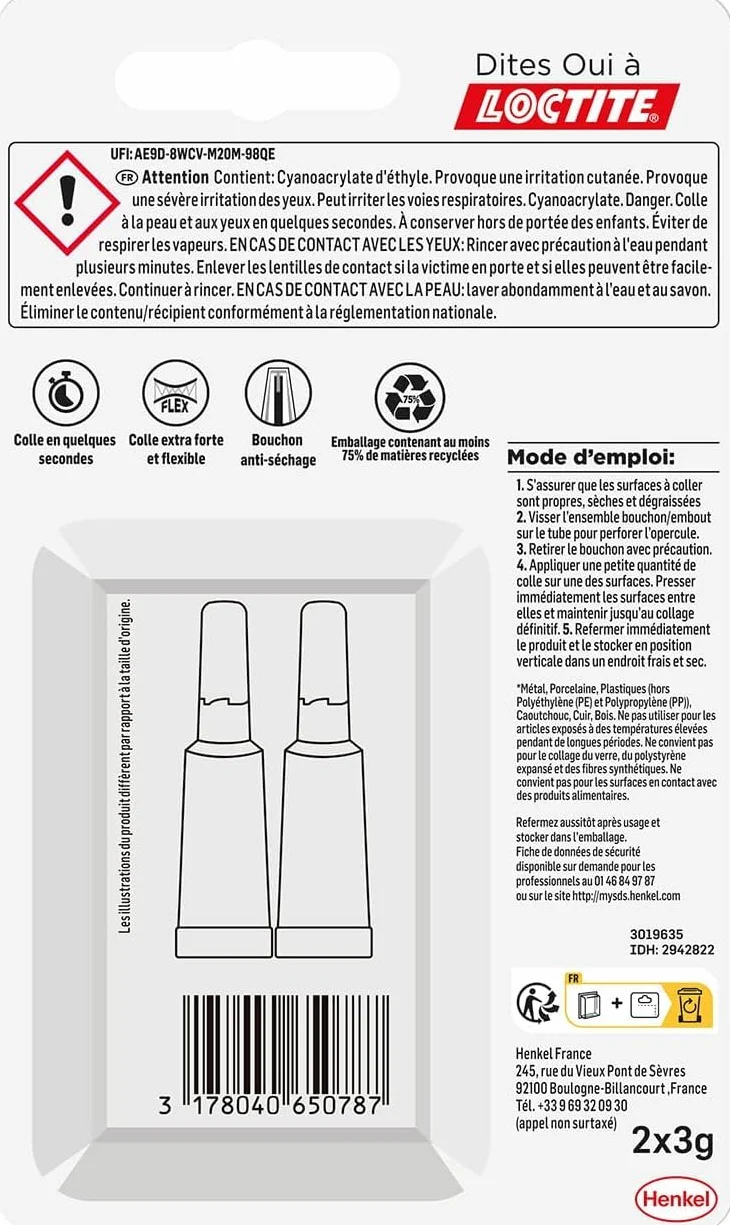Loctite - Super Glue-3 Power Gel (2 tubes de 3 g) – Colle forte transparente ultra résistante – Colle gel multi-matériaux à séchage immédiat