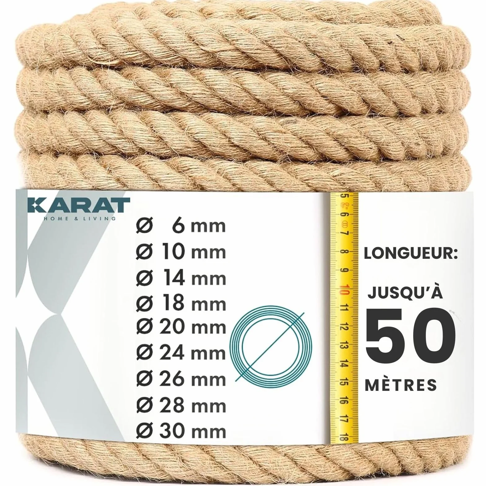 KARAT - Corde en Jute Torsadée - 100% Naturelle et Extra Solide - Idéale pour l'escalade, Le Sport, la Décoration de Jardin et Les Travaux Manuels - Diamètre 20mm, 50 Mètres