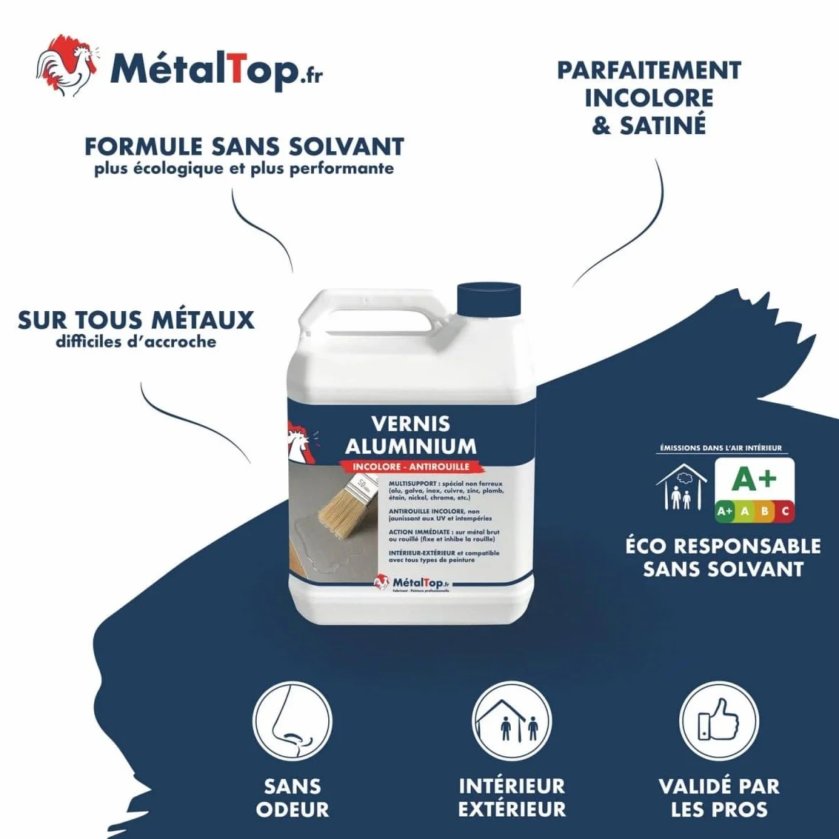 Metaltop - Vernis Aluminium - Bombe 400 ml - Pour une bonne adhérence sur l'aluminium, l'inox et le zinc