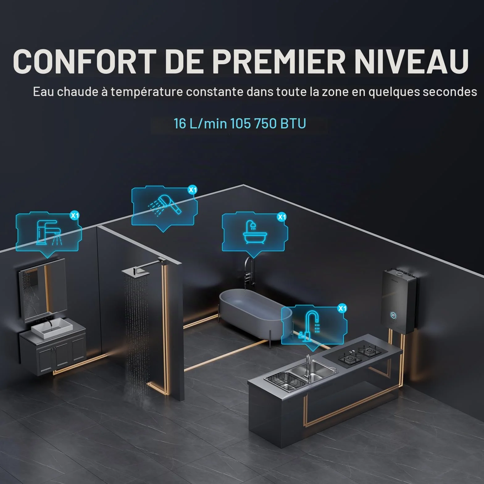 Chauffe-Eau à Gaz Instantané 32kW 16 LPM, 5 Modes, Écran Tactile LED, 220V, Butane Propane