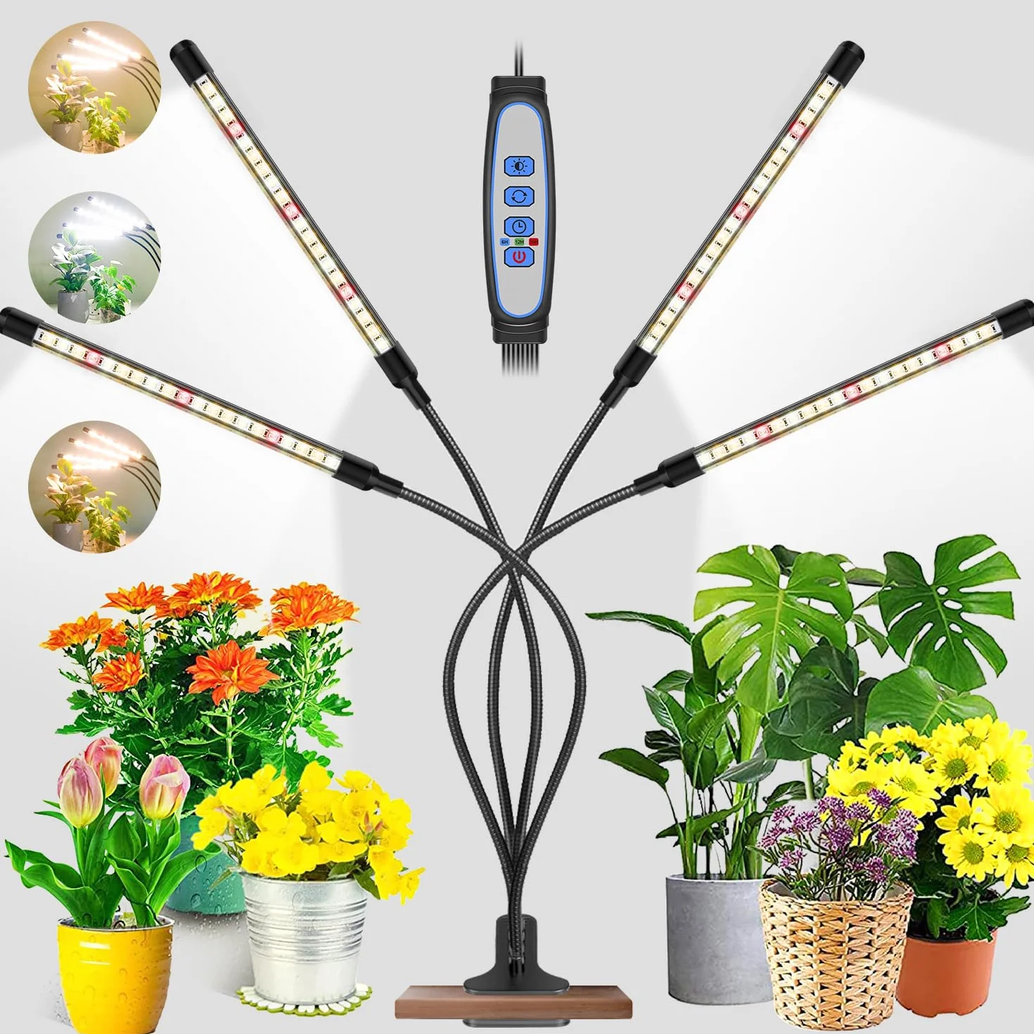 Garpsen Lampe pour plantes 80 LEDs Lampe de culture 4 têtes spectre complet avec minuterie Auto ON Off 4/8/12H 3 modes 10 niveaux luminosité
