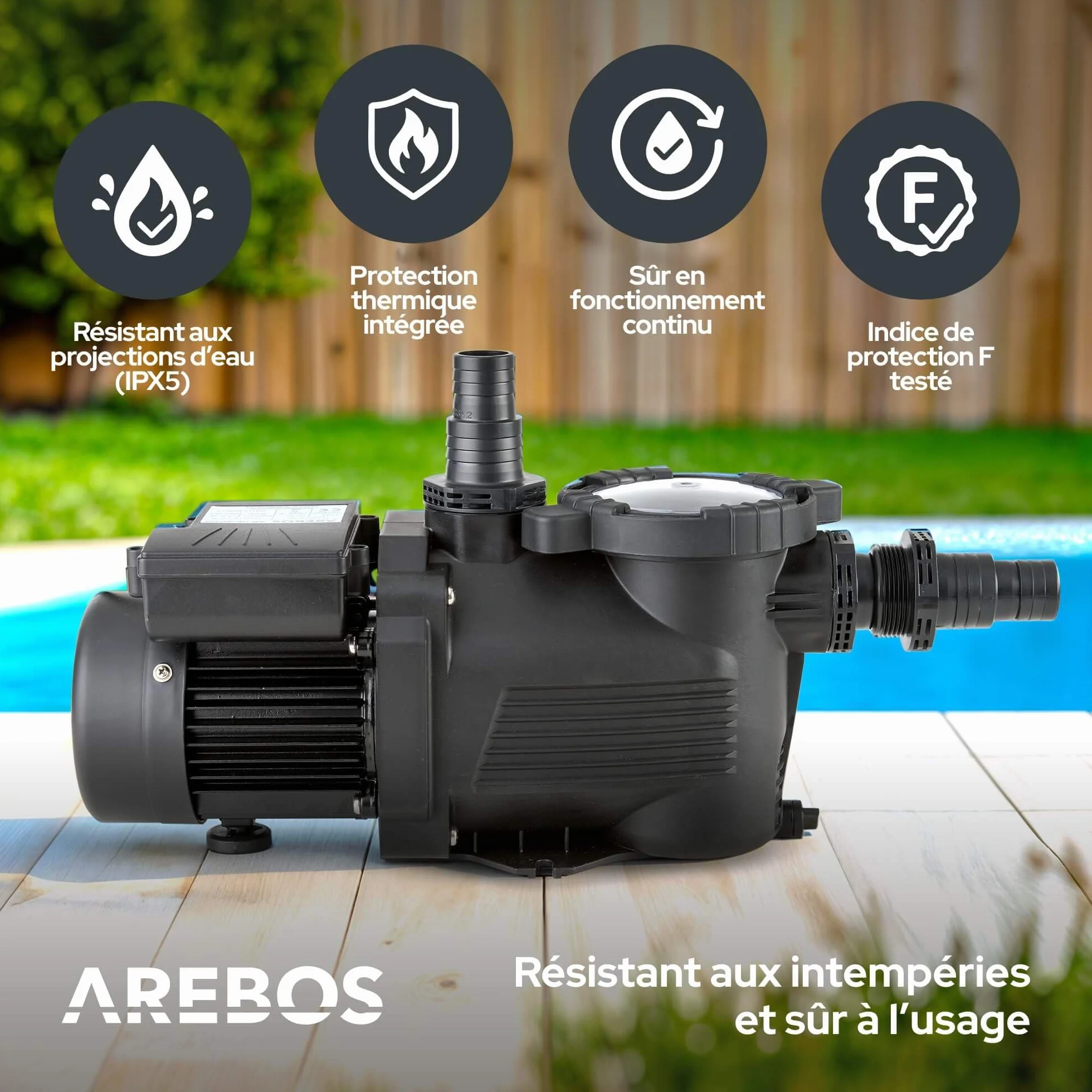 Arebos Pompe de piscine 350W 9500 l/h Filtration avec préfiltre