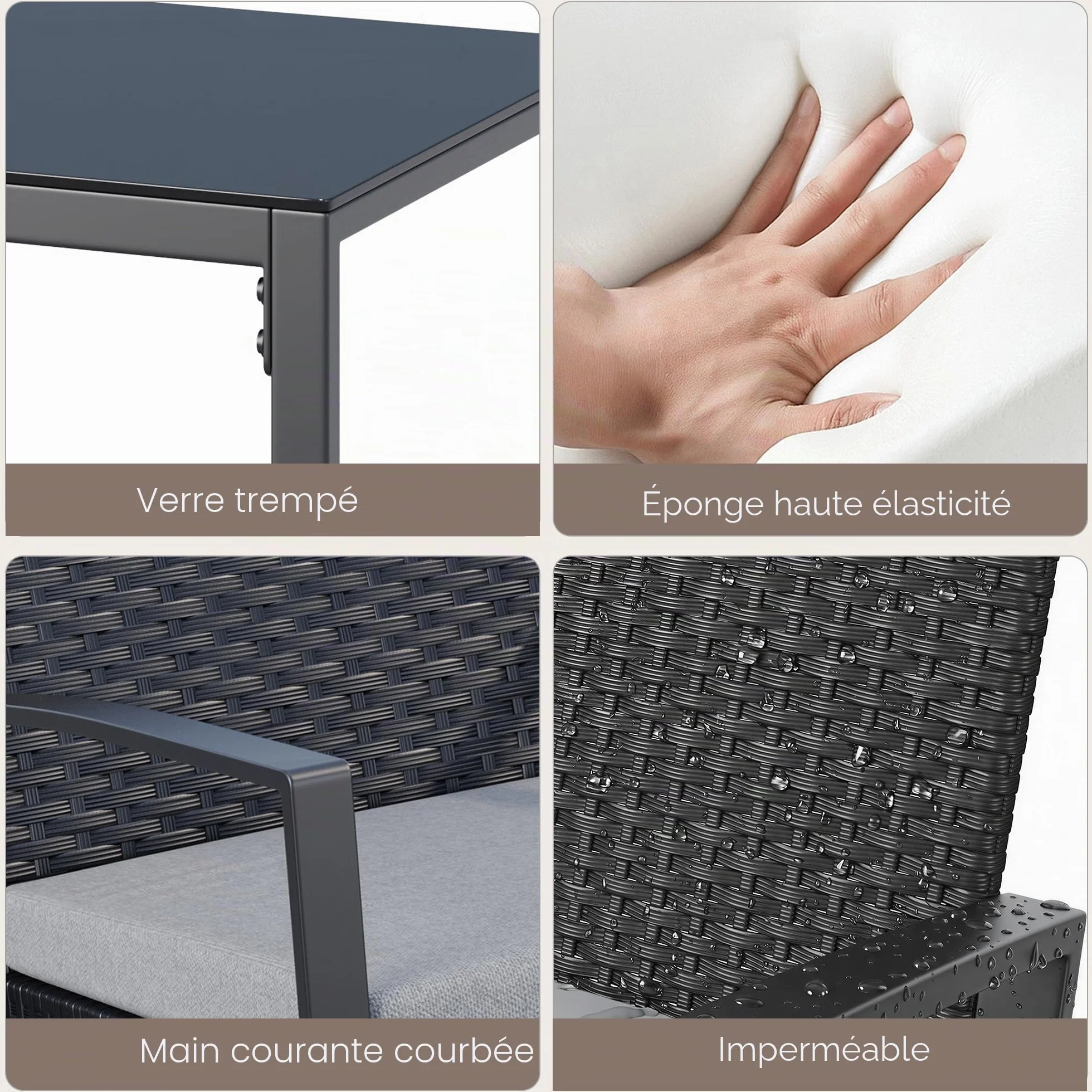 Ensemble de Meubles de Jardin 3 Pièces en Rotin avec Chaises à Bascule et Table Basse en Verre, Gris
