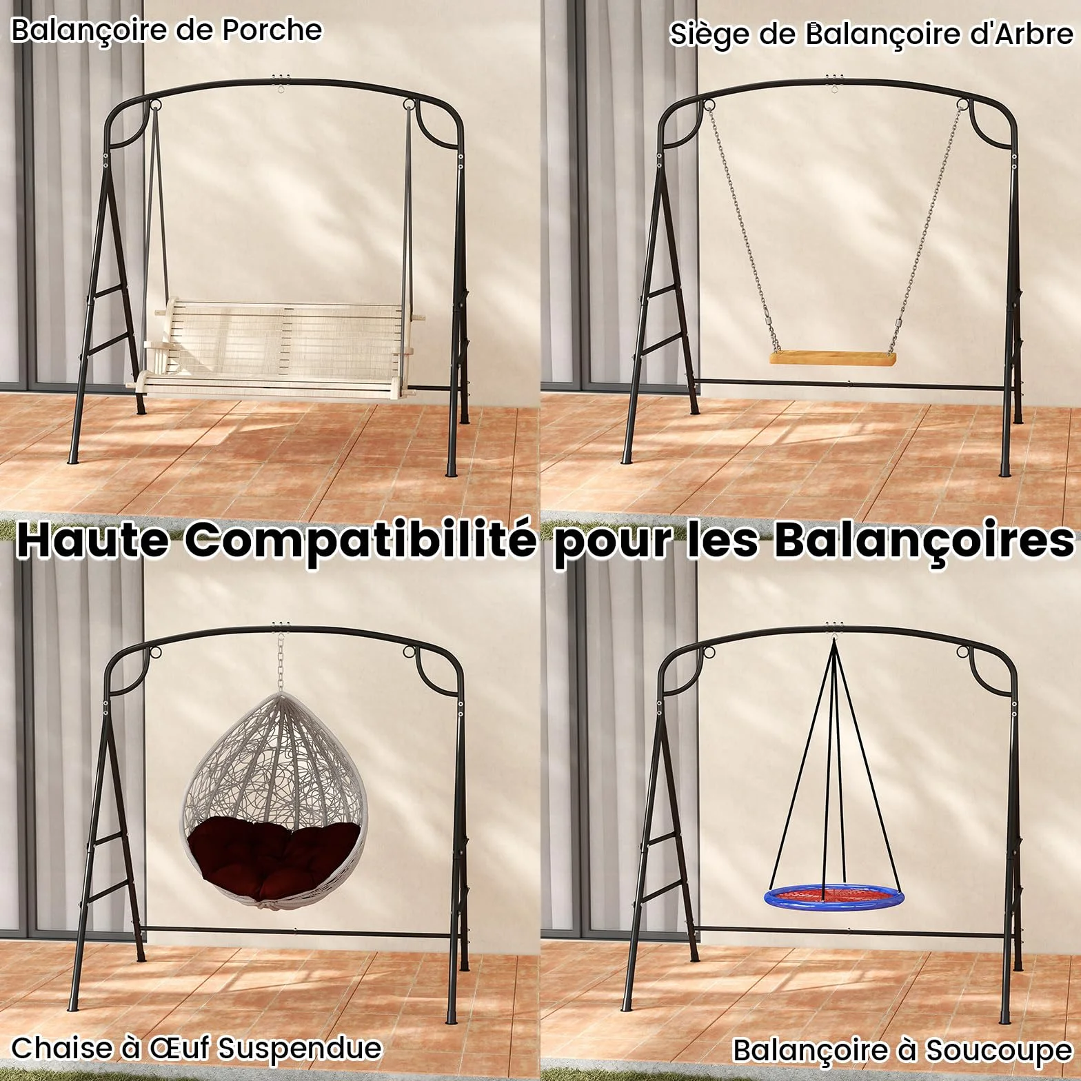 COSTWAY Cadre de Balançoire en Métal 300KG, Support Balancelle Forme A avec Barres Latérales Doubles, 180 x 133 x 182 cm