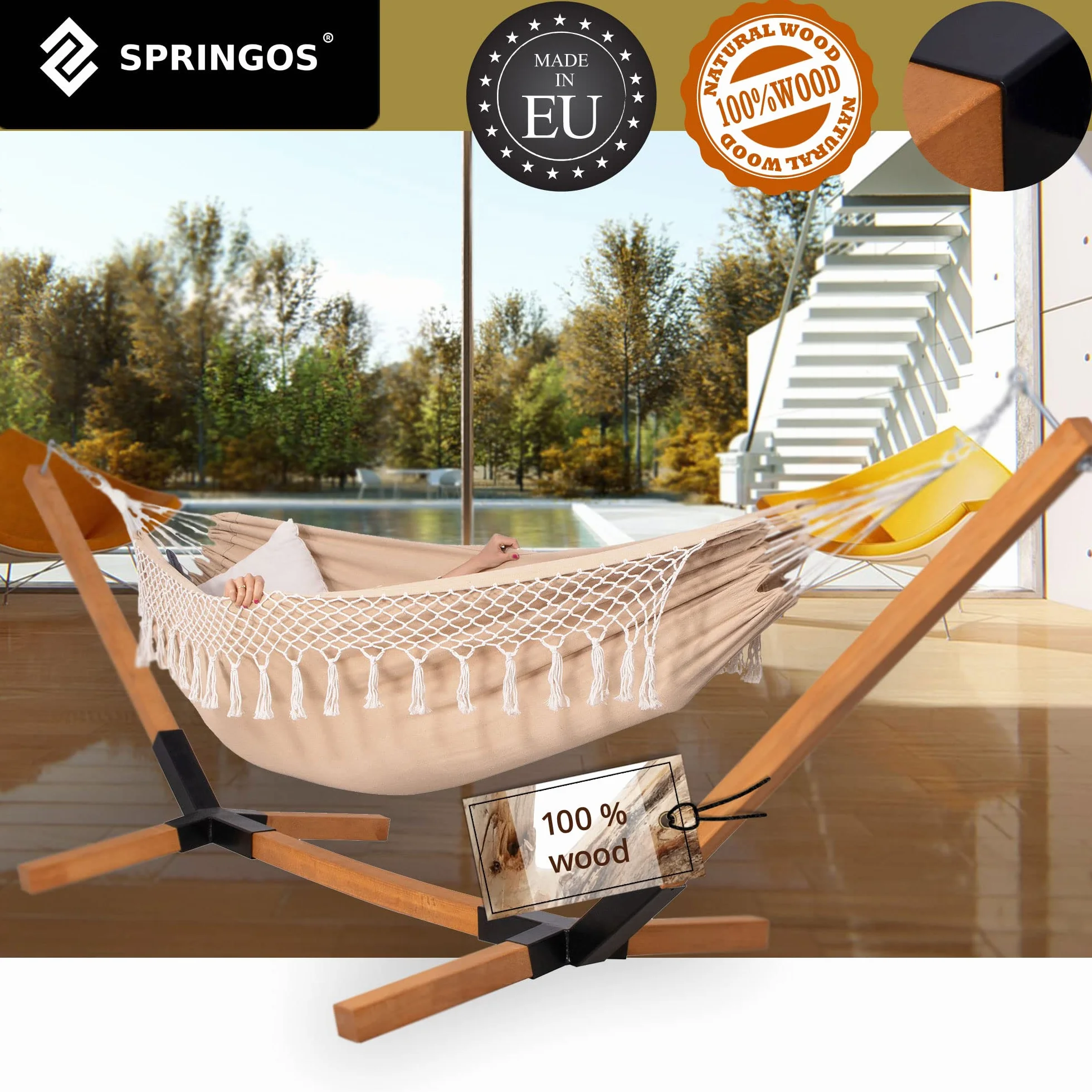 Support de hamac SPRINGOS 85 x 295 cm Bois Massif Charge Max. 150 kg