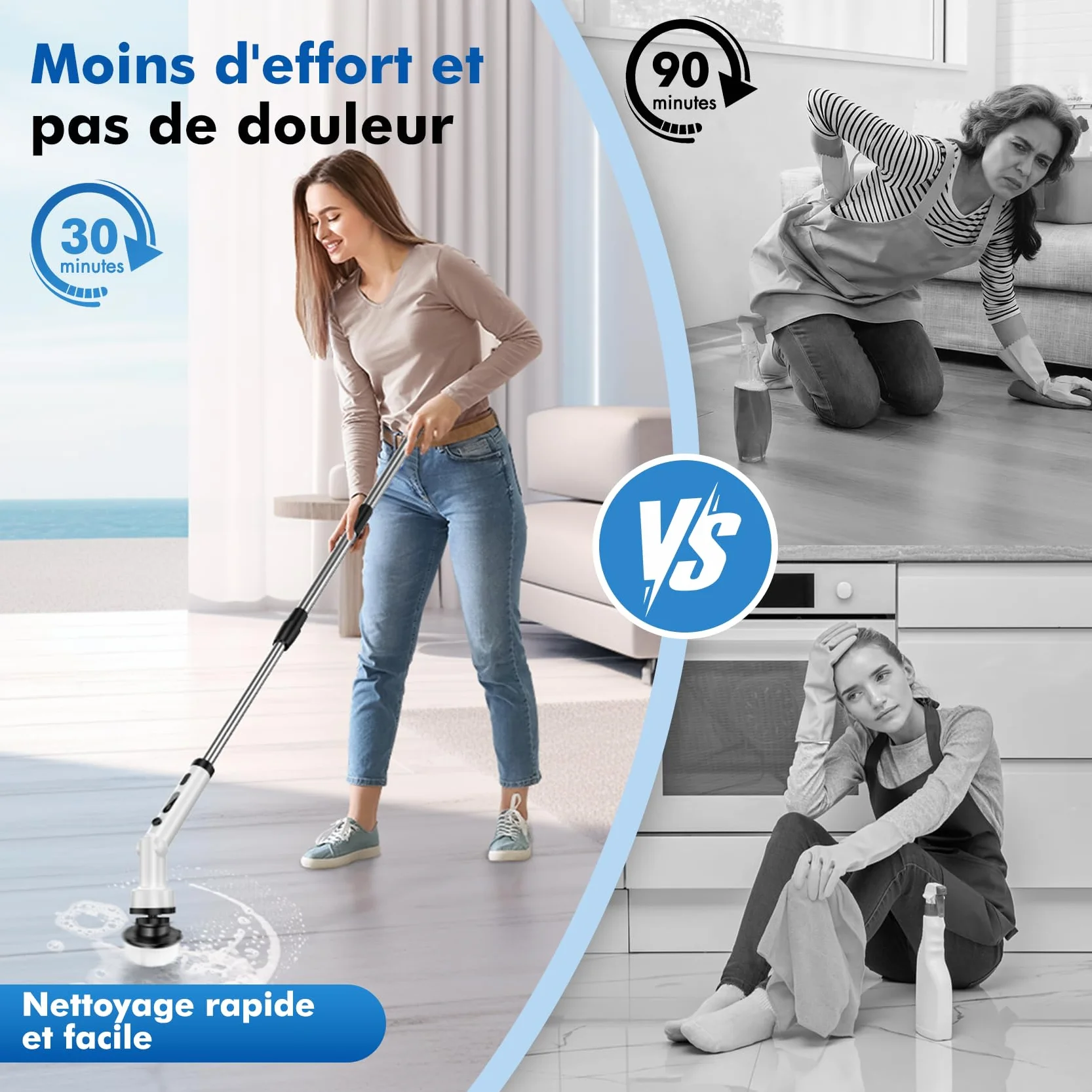 Brosse Nettoyage Electrique Rotative -Brosse de Nettoyage Electrique avec 8 Têtes, 3 Vitesses Manche Extensible Rechargeable Brosse Nettoyage pour Salle de Bain, Cuisine et Voiture