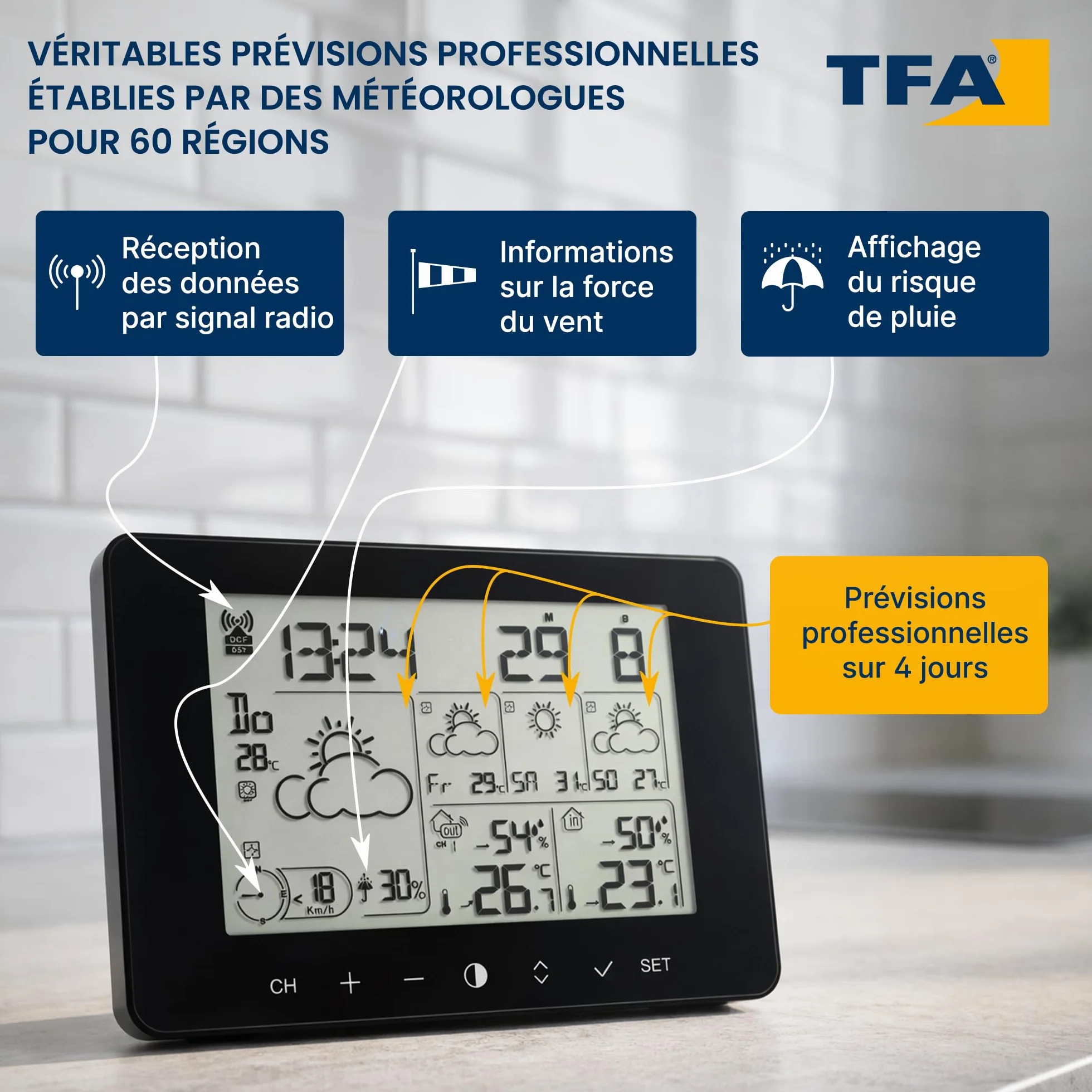 Station météo TFA Dostmann METEOTIME PRIMO 35.1156.01 pour 90 régions Europe probabilité pluie force vent noir