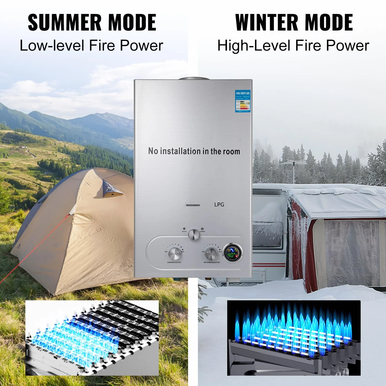 Chauffe-eau à Gaz 12LPM 24KW Inoxydable Pression d'eau Ultra basse Camping-car