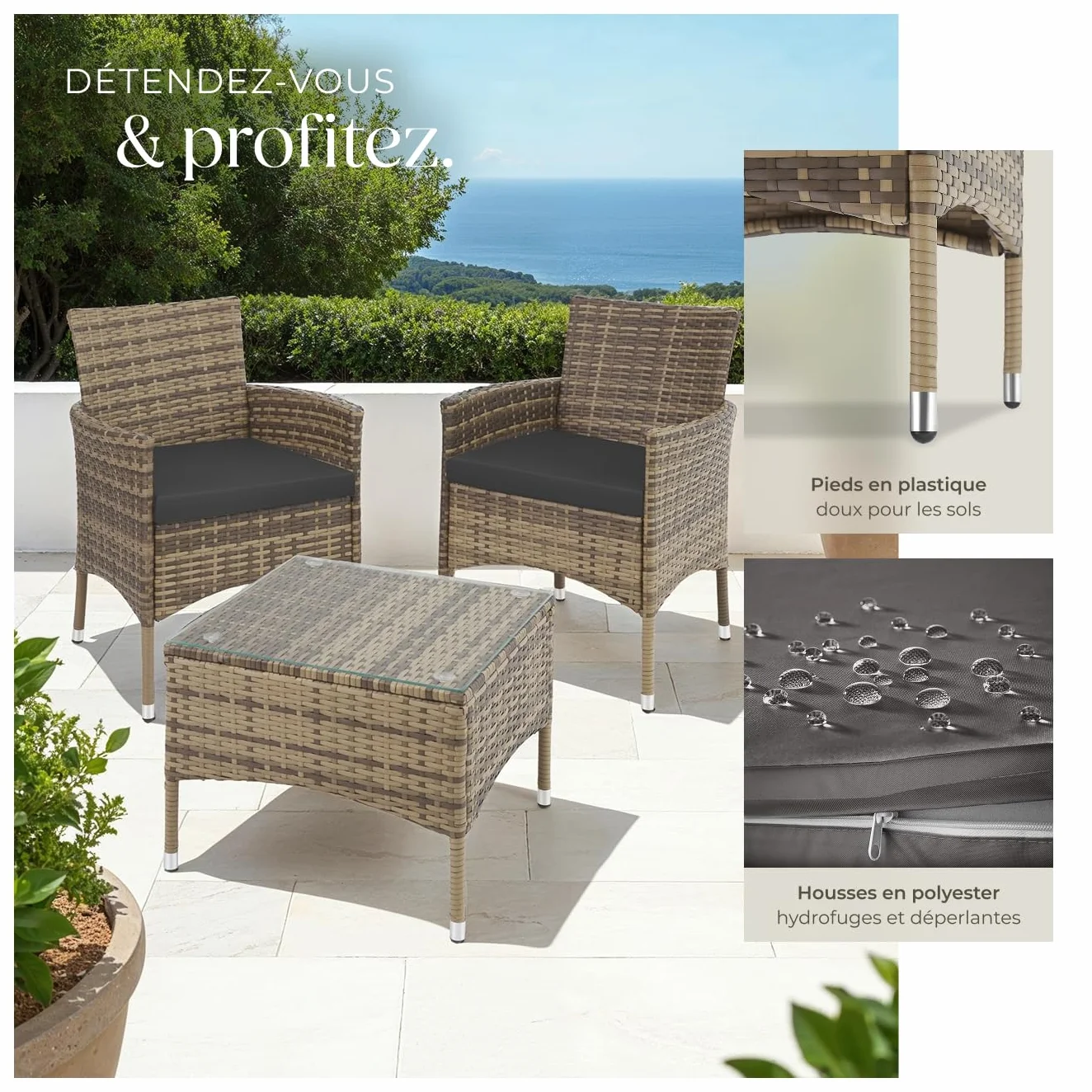 Ensemble Salon de Jardin Extérieur en Poly Rotin 2 Personnes Fauteuil Table avec Coussins Amovibles