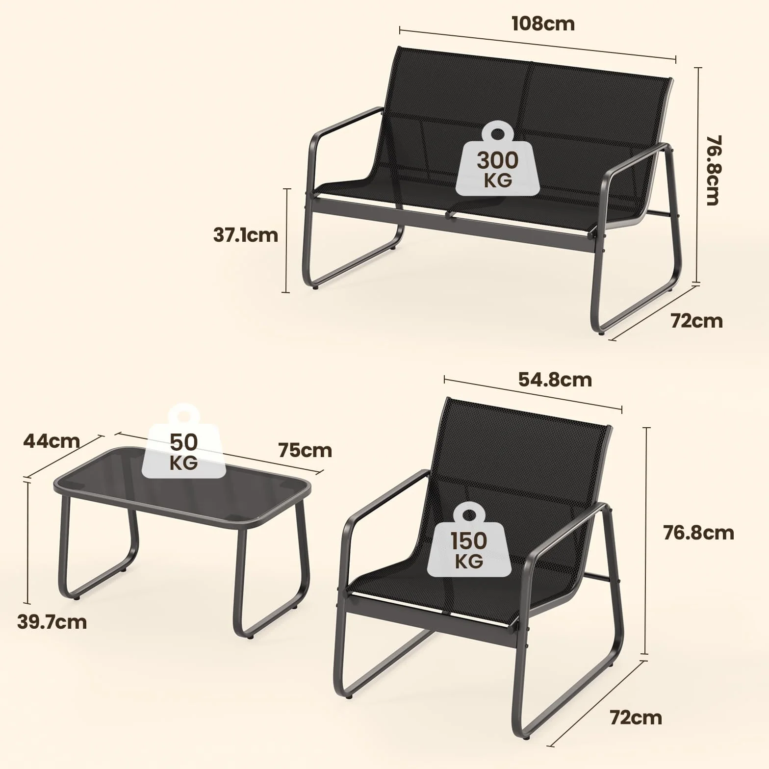 Bealife Ensemble de Meubles de Jardin 4 Pièces Salon de Jardin Métal Textilène 3 Fauteuils Table Verre Noir