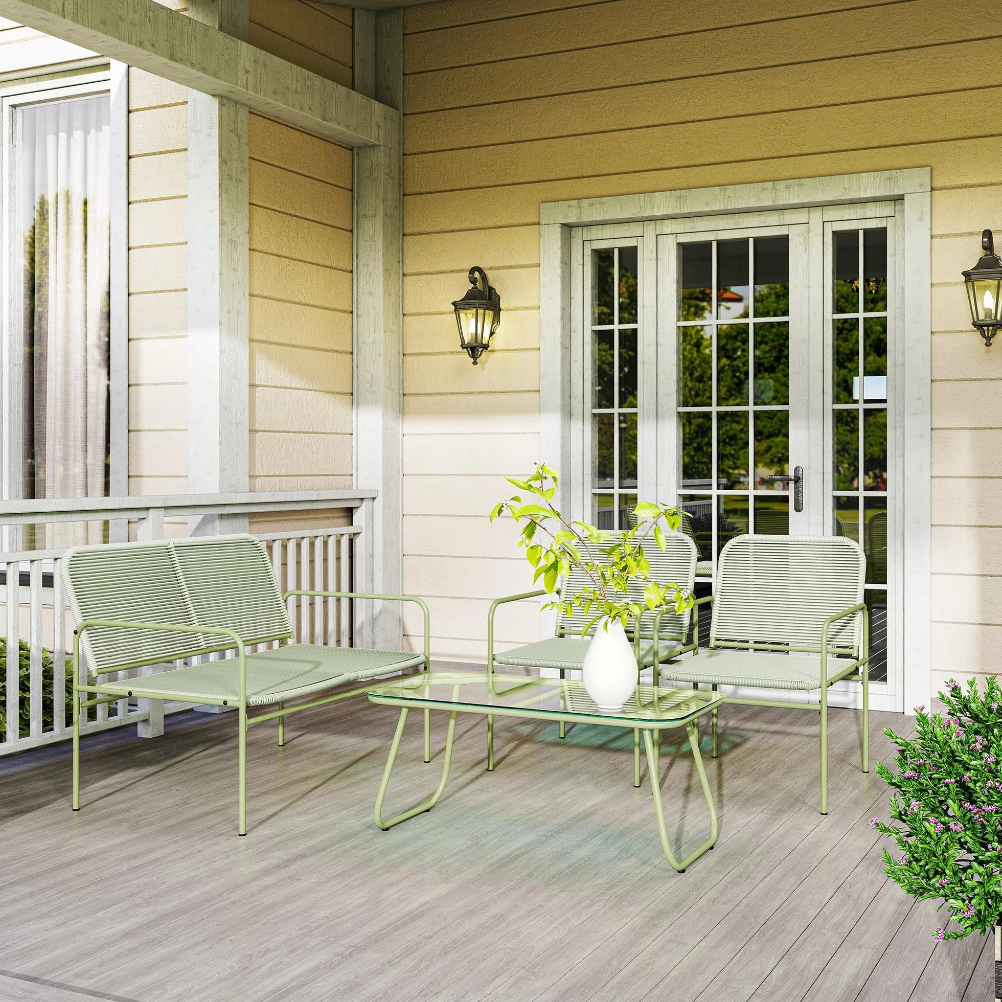 Outsunny Salon de Jardin extérieur résine tressée 4 Places canapé 2 fauteuils Table Verre trempé Acier Vert