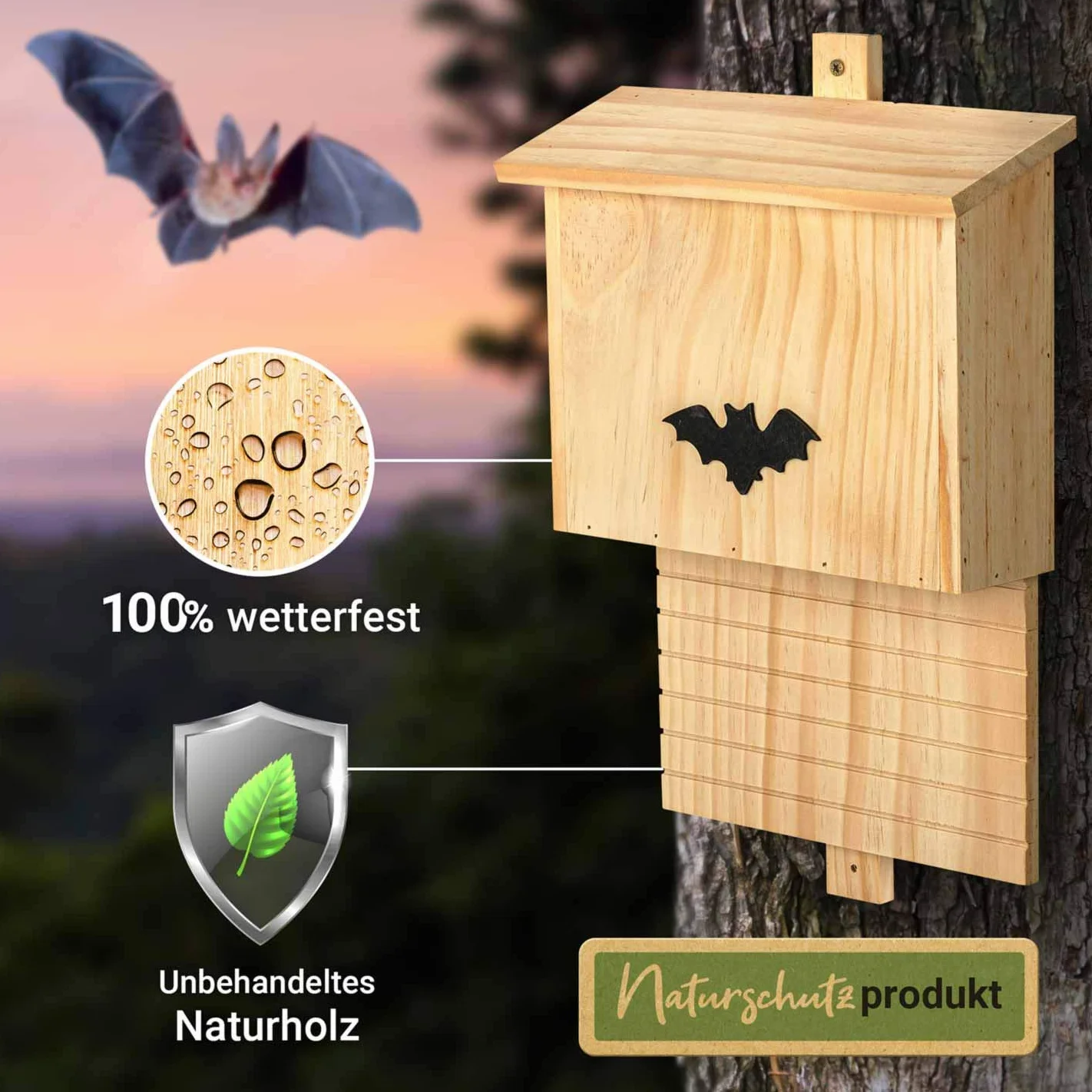 Grande boîte à chauves-souris en bois massif résistante aux intempéries - nichoir pour été et hiver