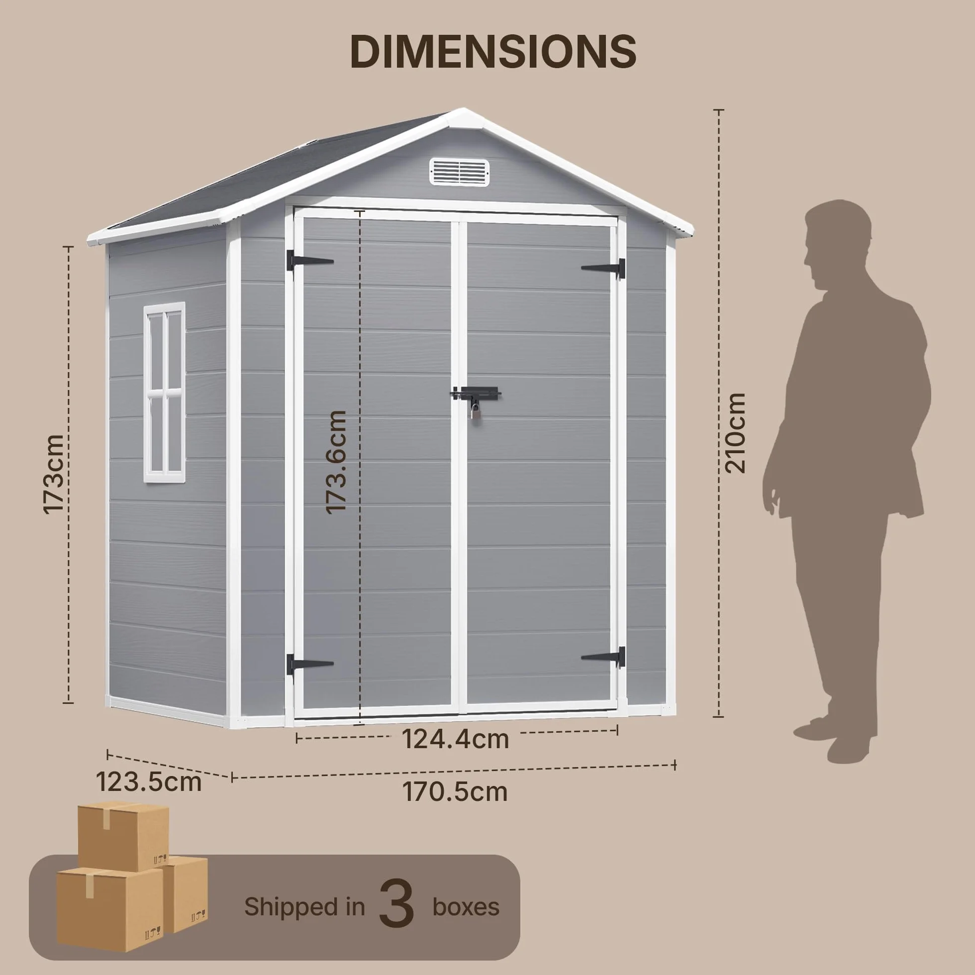 Xbro Abri de Jardin Résine 173 x 125 x 210 cm 2,2 m² Système de Ventilation Base Renforcée Fenêtres Verrou de Sécurité Gris