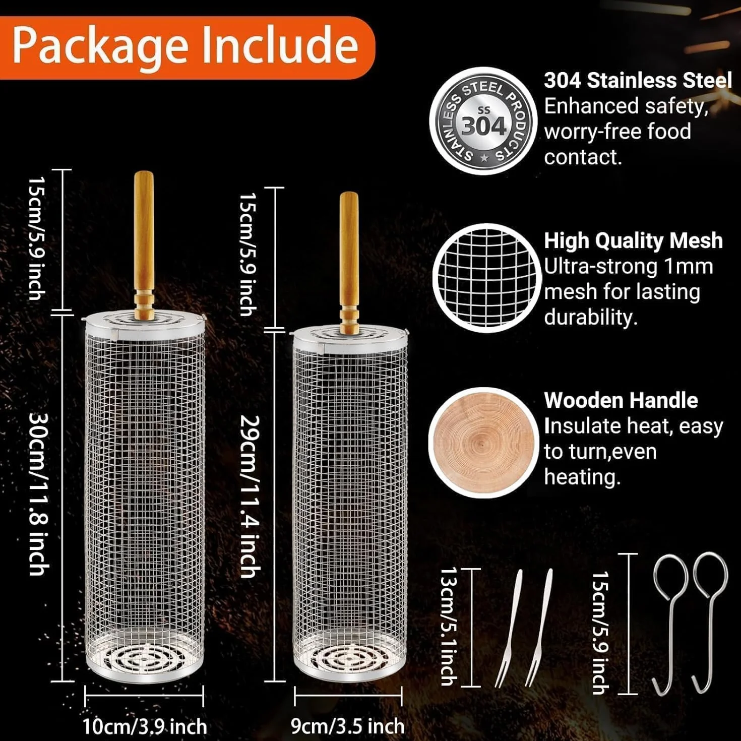 Lot de 2 Paniers à Barbecue Emboîtables, Acier Inoxydable 304, Poignées Bois Amovibles, Compatible Lave-vaisselle