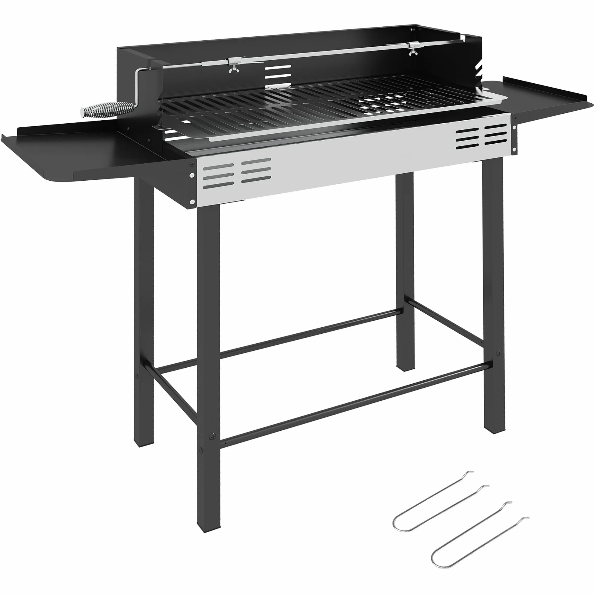 Outsunny Barbecue Charbon de Bois BBQ Grille 3 Niveaux Étagères Latérales Pliables Acier Inoxydable Pare-Vent Amovible 118x32x90 cm Noir