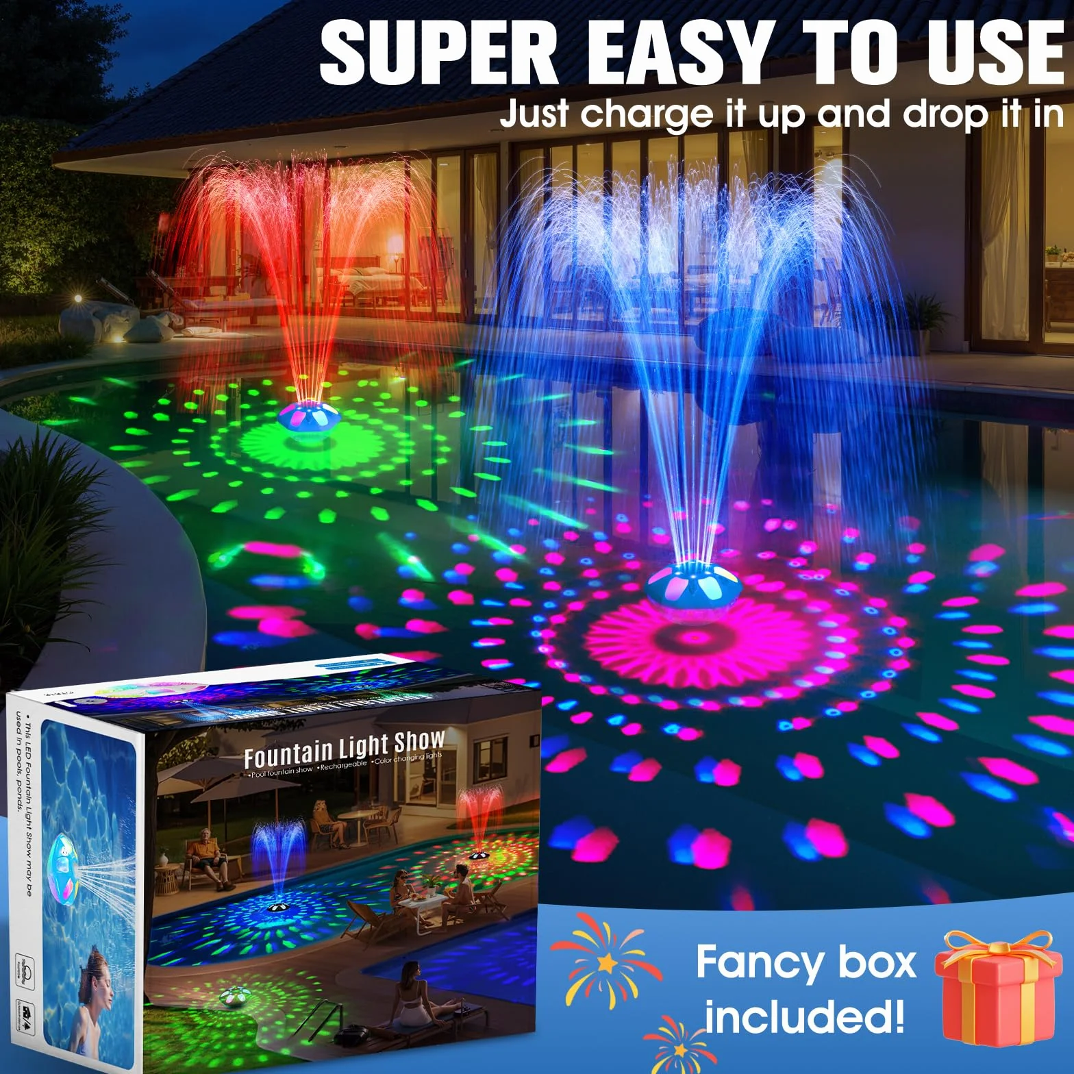 KingSom Fontaine Piscine LED Rechargeable 2 Modes Jet 12 Modes Éclairage Flottante Hors Sol