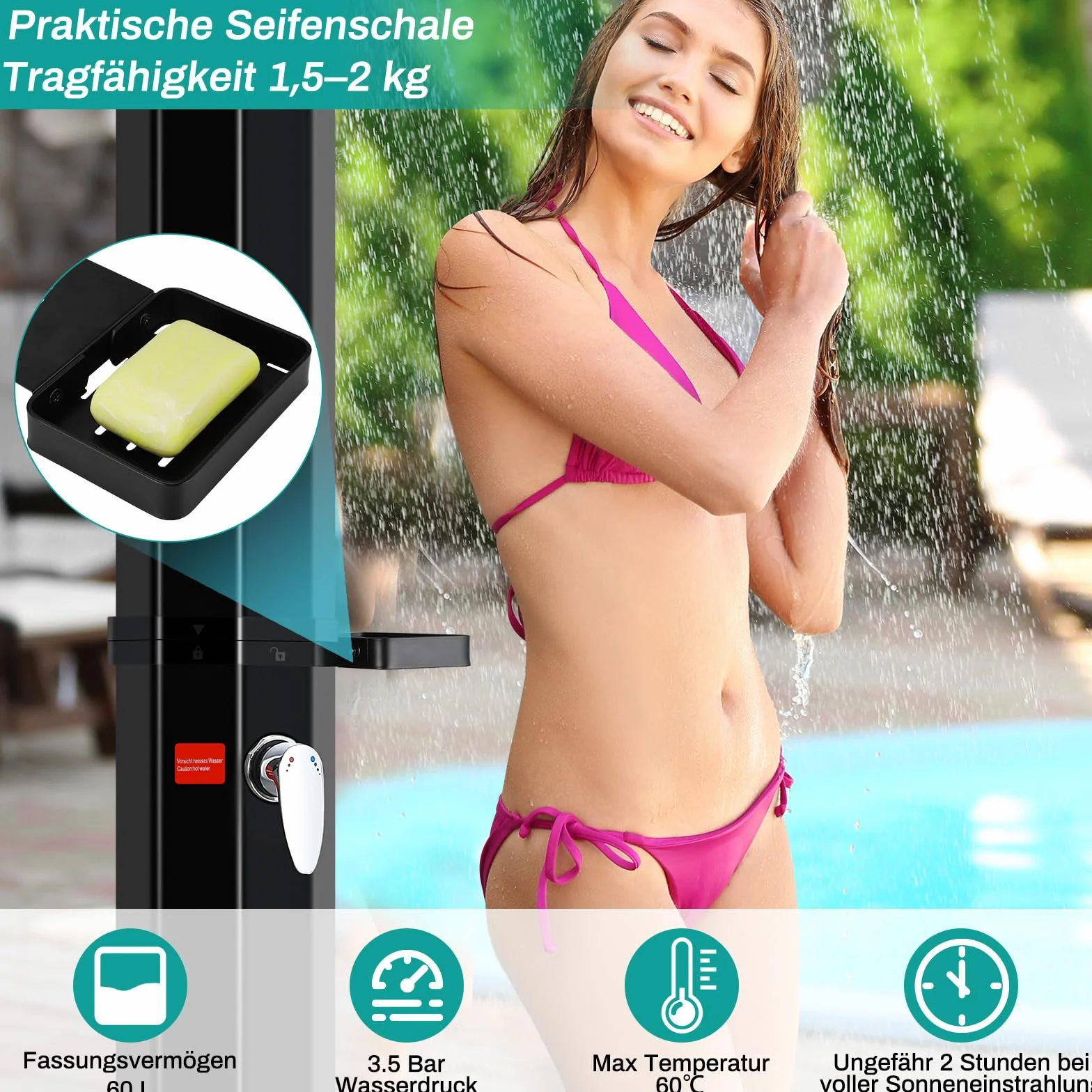 Douche Solaire 60L avec Pommeau et Robinet, Jusqu'à 60° sans Raccordement Électrique pour Piscine