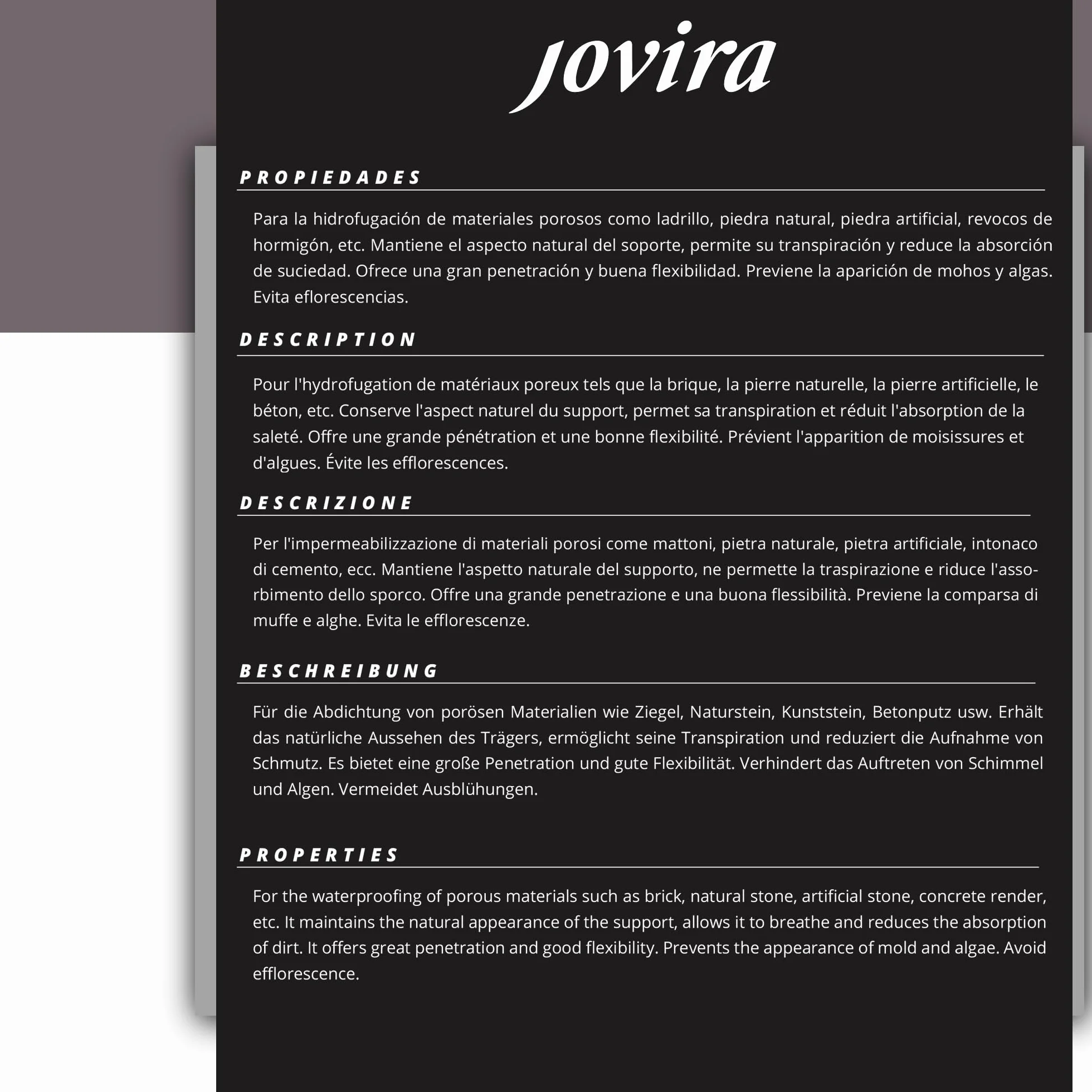 JOVIRA PINTURAS Imperméabilisant Hydrofuge à l'eau. Protection hydrofuge totale pour les façades, les toits, les terrasses, les trottoirs, les murs, etc. (5 Litres, Hydrofugant, Incolore)