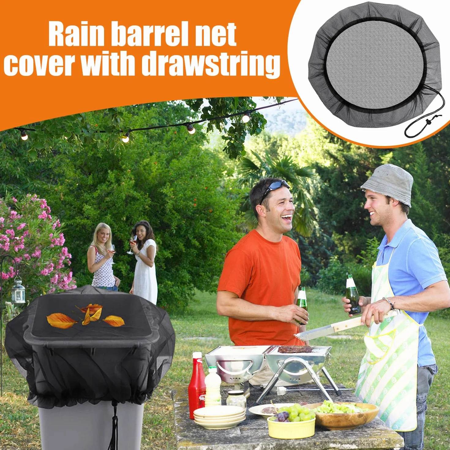 Housse pour Tonneau de Pluie Filet de Protection Réglable 4 Pièces Anti-Feuilles Insectes Toutes Saisons