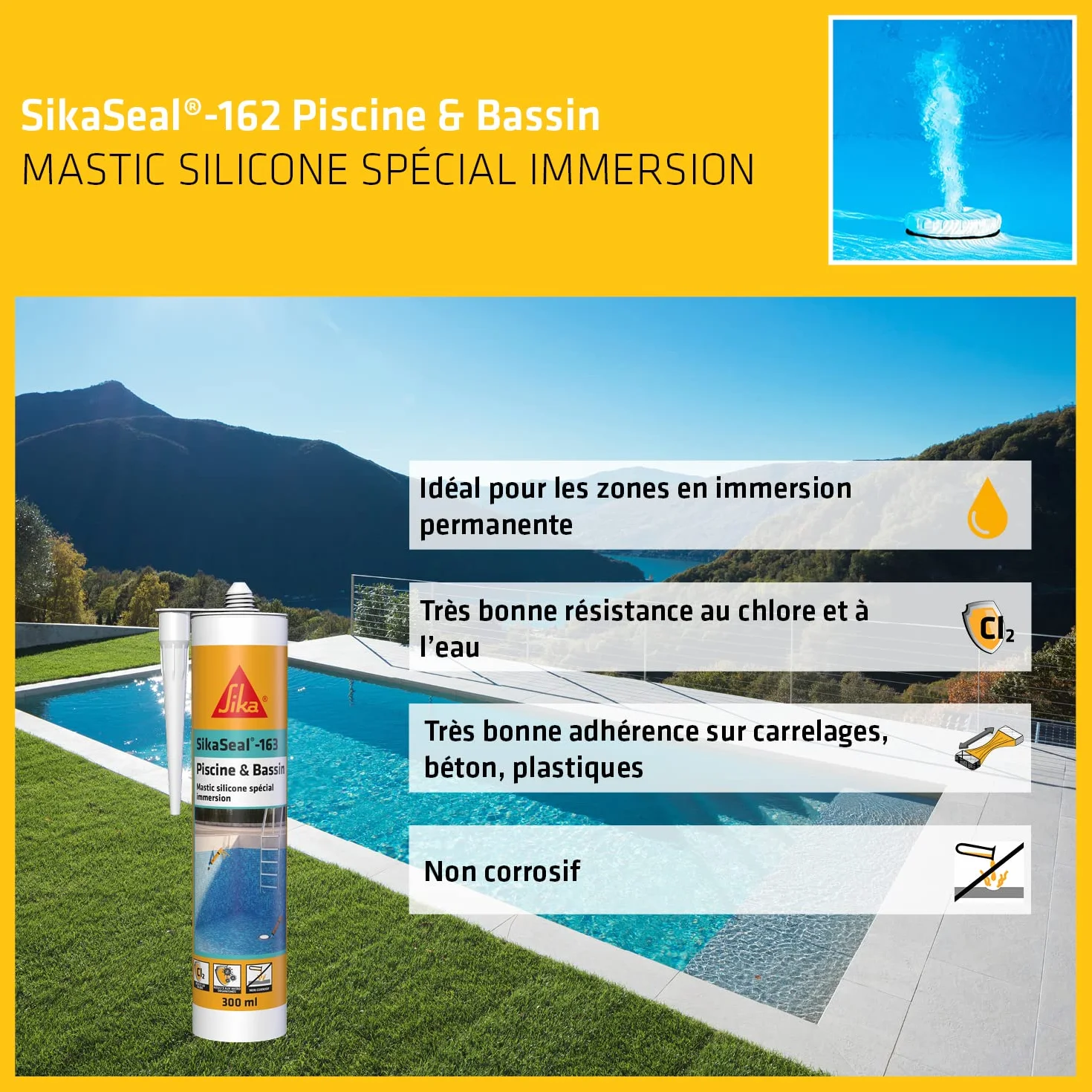 SIKA - Mastic silicone spécial immersion - SikaSeal-163 Piscine & Bassin transparent - Joints de piscines et zones immergées - Résistant au chlore - 300 ml