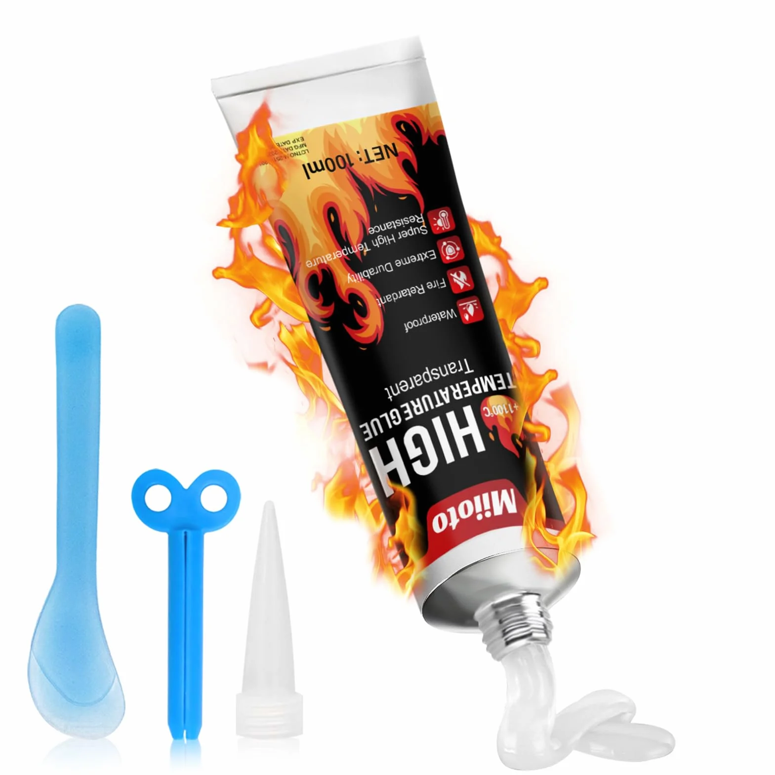Miioto Colle Haute Temperature, Colle Refractaire, Colles Joint Poele a Bois, Silicone Haute Temperature aux Cheminées, Poêles, Boucliers Thermiques, Transparent, 100ml