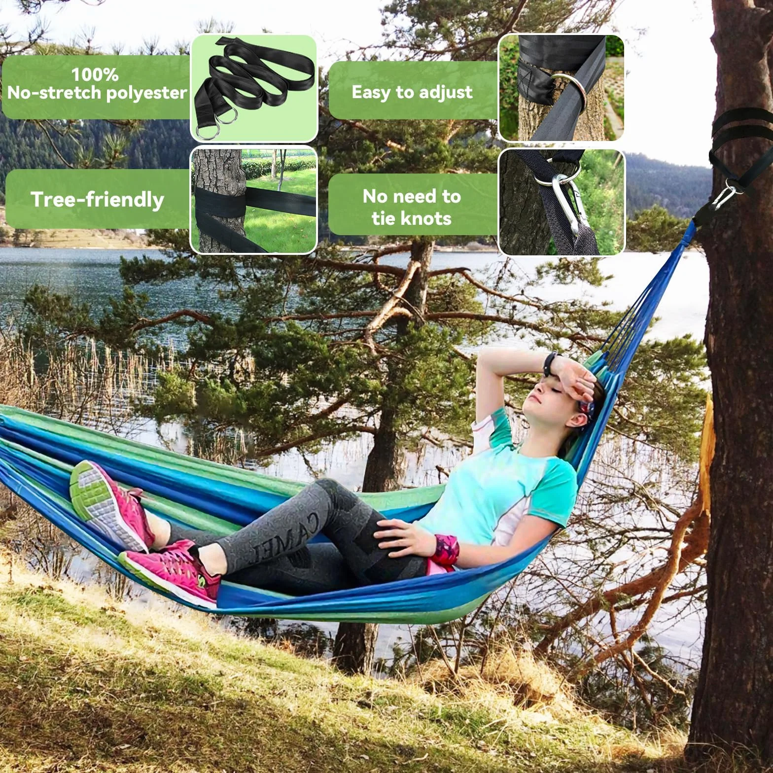 Hamac d'extérieur Camping 2 Personnes 300x150 cm 270 kg Capacité de Charge Toile Suspendu Portable Jardin Plage Balcon