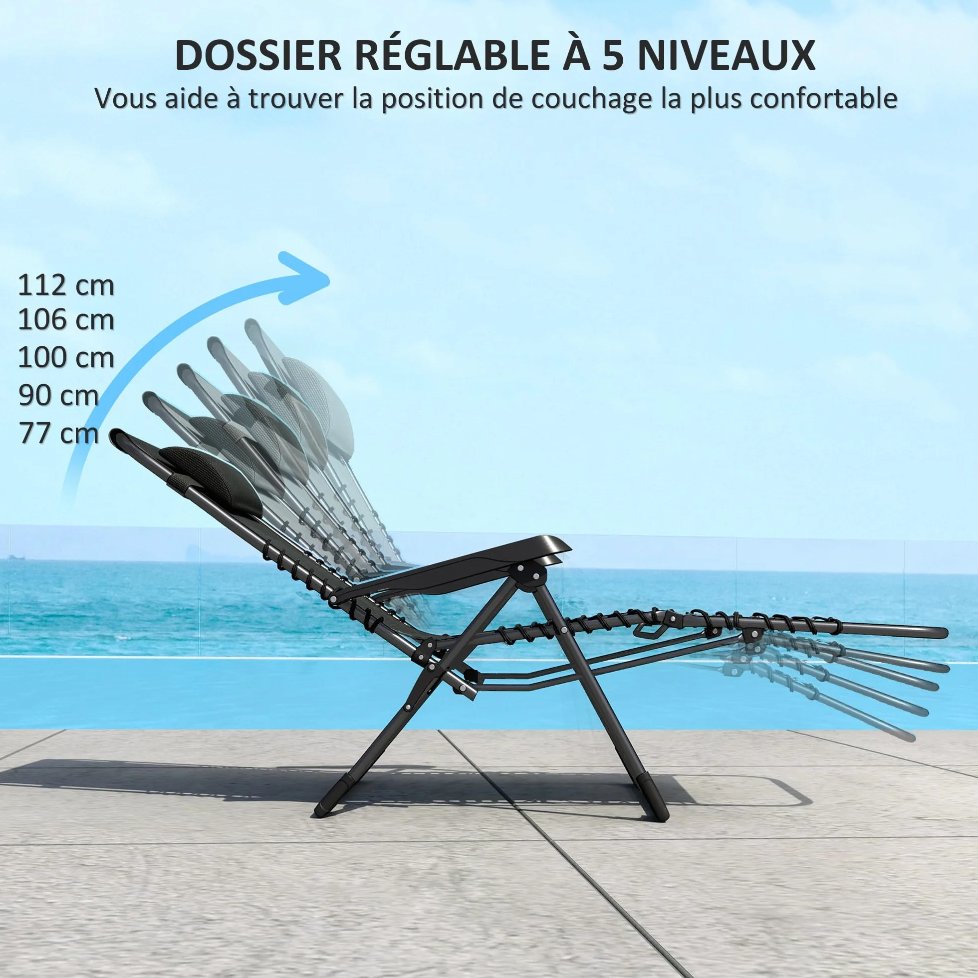 Outsunny Lot de 2 Bain de Soleil Pliante en Textilène, Chaise Longue Jardin 90 x 65 x 112 cm Noir