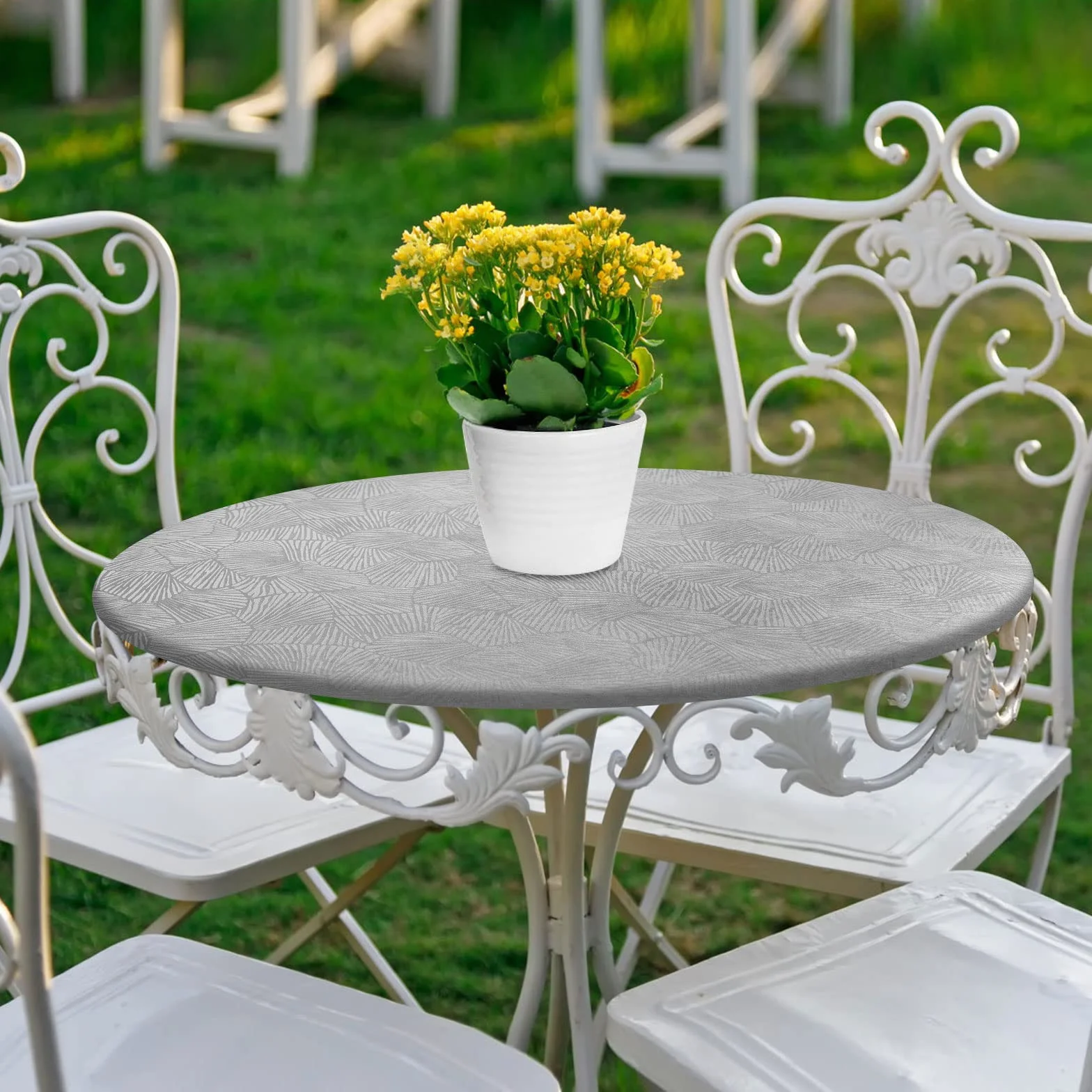 Nappe ronde en vinyle MINGPINHUIUS avec bords élastiques, imperméable, résistante à l'huile, lavable, motif plantes, gris, 60 cm