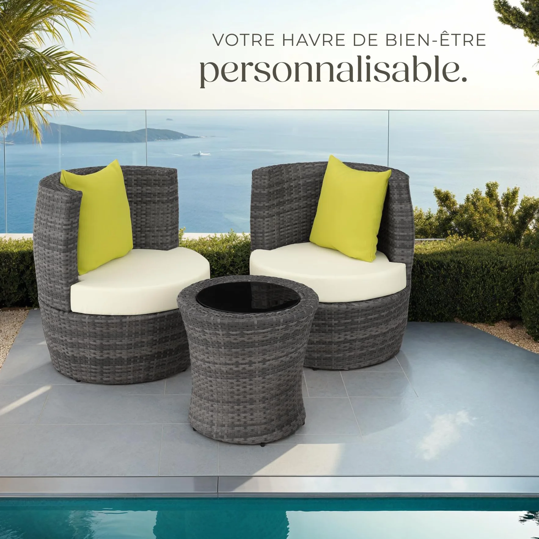 Ensemble Salon de Jardin Aluminium Poly Rotin 2 Personnes Fauteuil Table Coussins Pot de Fleur Inclus