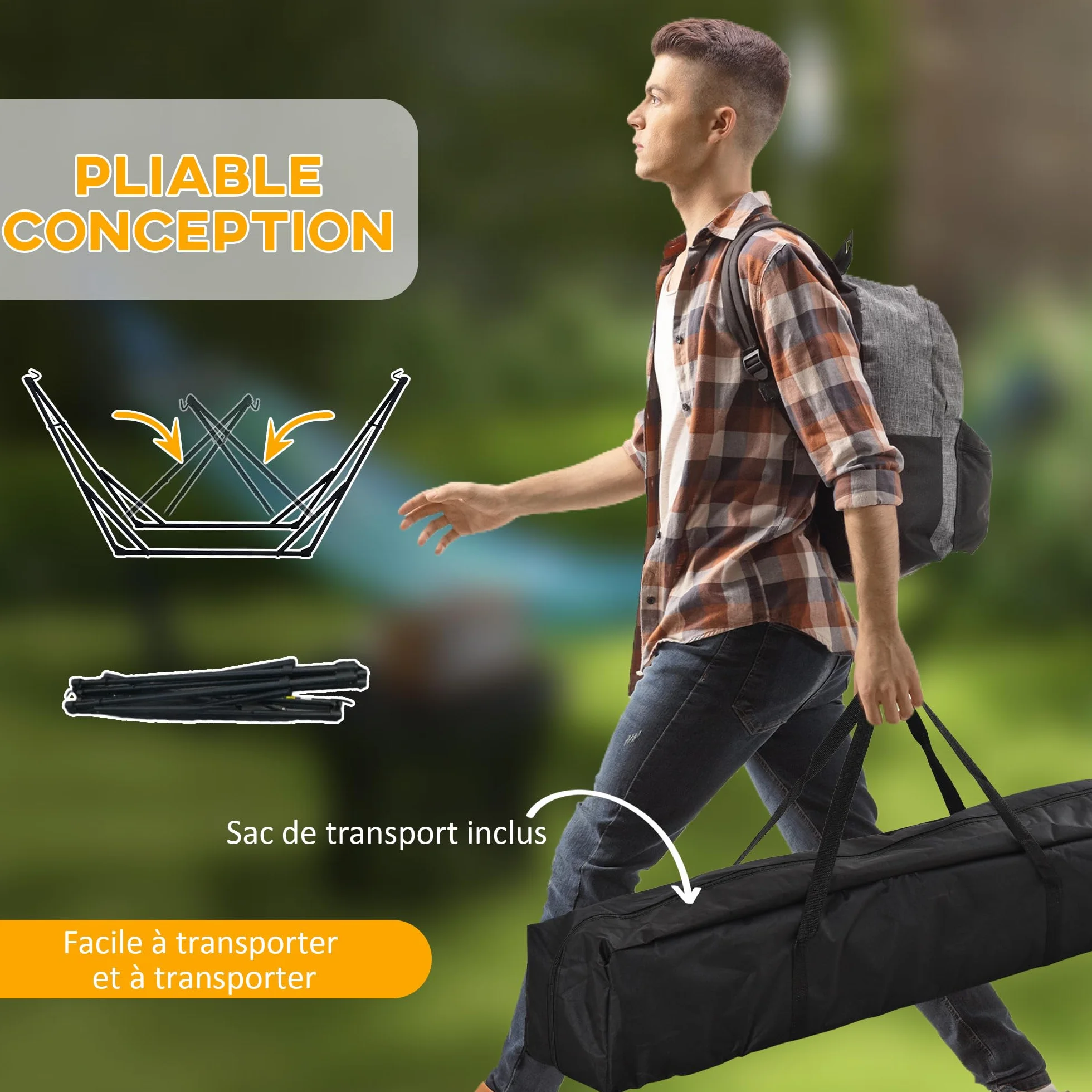 Outsunny Support Hamac Pliable Acier 2 en 1 Chaise Suspendue Sac Transport Inclus 268x89x100 cm Gris