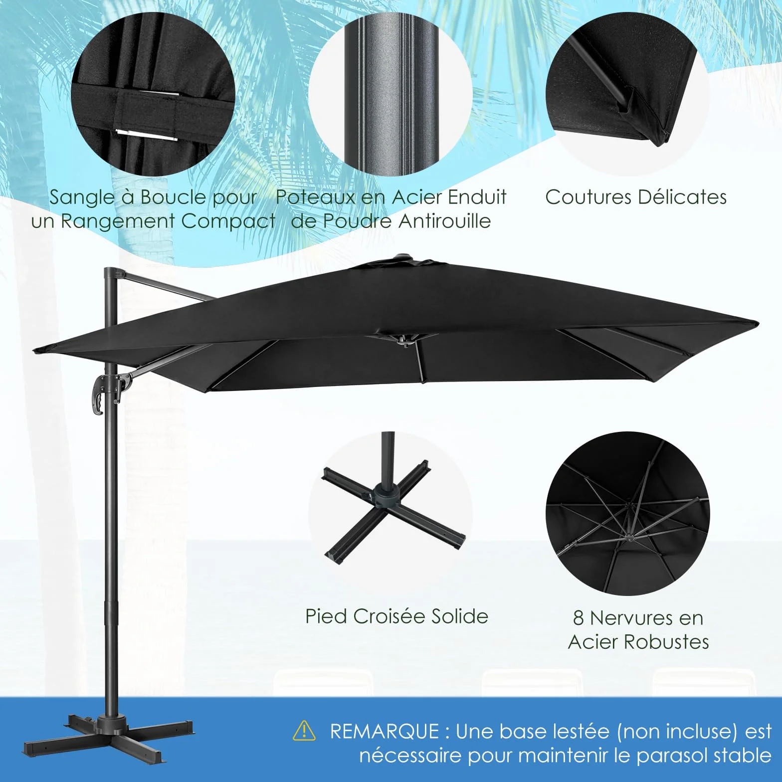 RELAX4LIFE Parasol Déporté Rectangulaire 3x3M Inclinable Rotative 360° Pédale Polyester Anti-UV Jardin Exterieur Noir