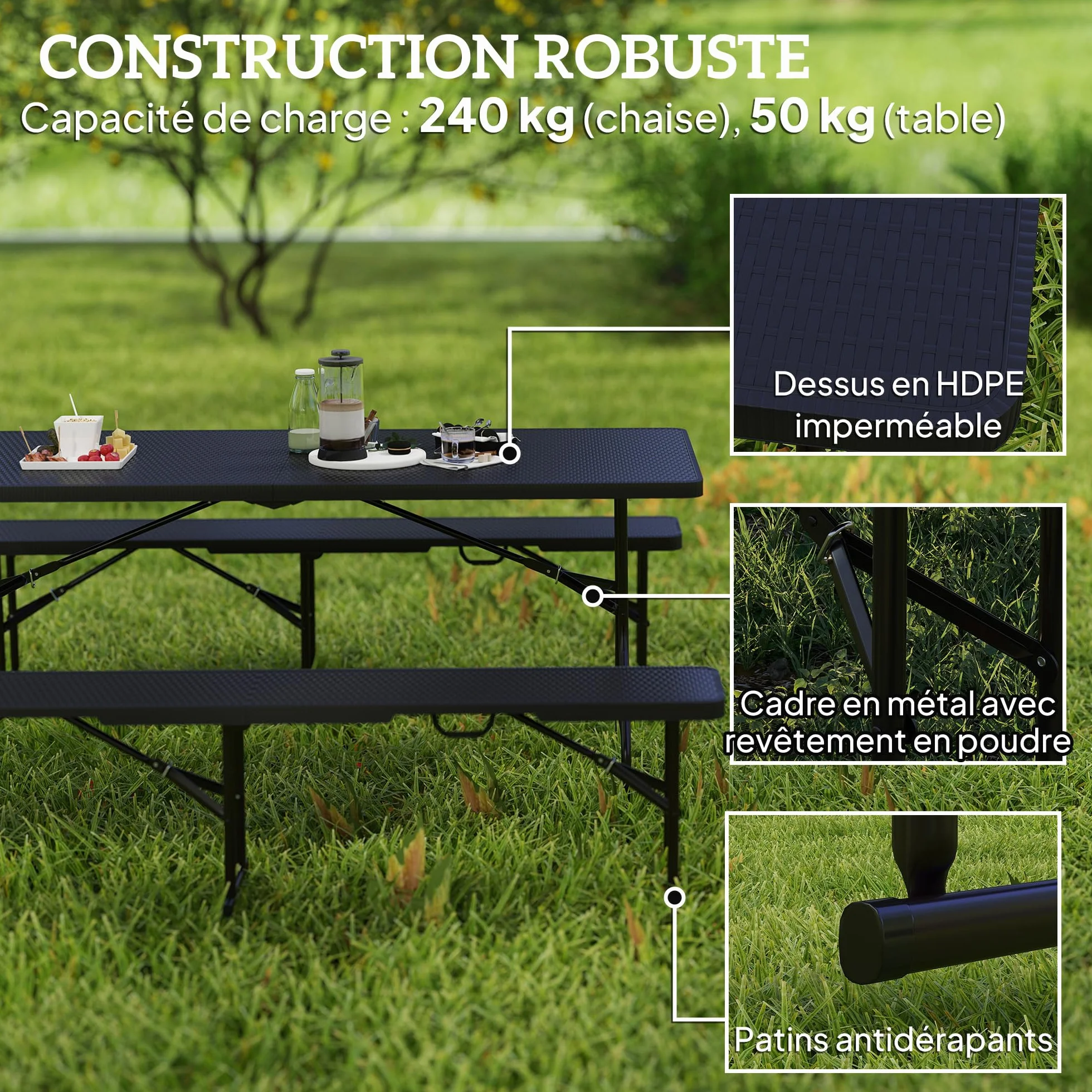 Outsunny Table Pliante Pique-Nique 180 cm Banc Camping Noir Rotin
