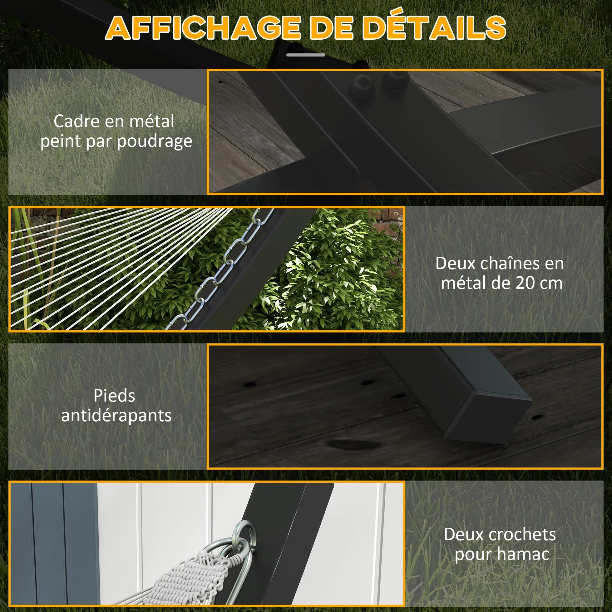 Outsunny Support Pied de hamac métal époxy 360 cm pour hamacs 270-330 cm Gris