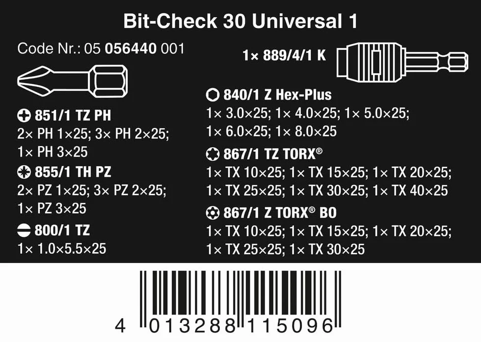 Wera BC Universal/30 Bit-Check Jeu d'embouts 30 pièces Multicolore