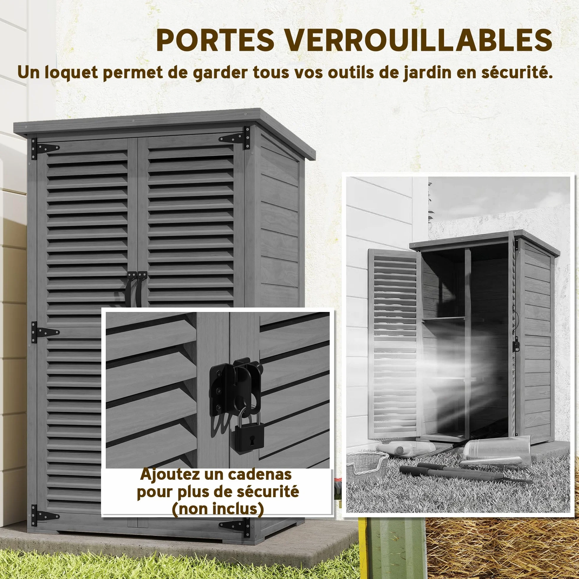 Outsunny Armoire de Jardin Remise Outils Bois 2 Étagères Toit Bitumé Portes Persiennes Verrouillable 75x50x118cm Gris