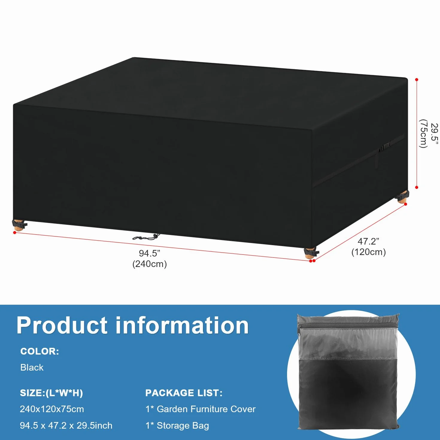VANSHEIM Housse Protection Mobilier de Jardin Impermeable 420D Tissu Oxford 240x120x75cm