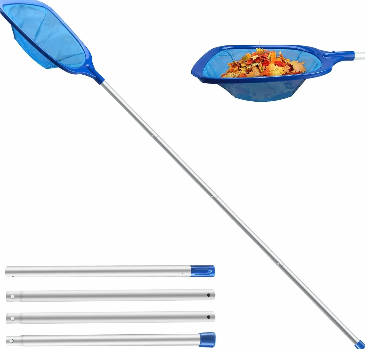 Jsdoin 161cm Épuisette de Surface pour Piscine, Filet avec Manche Télescopique Réglable 123cm