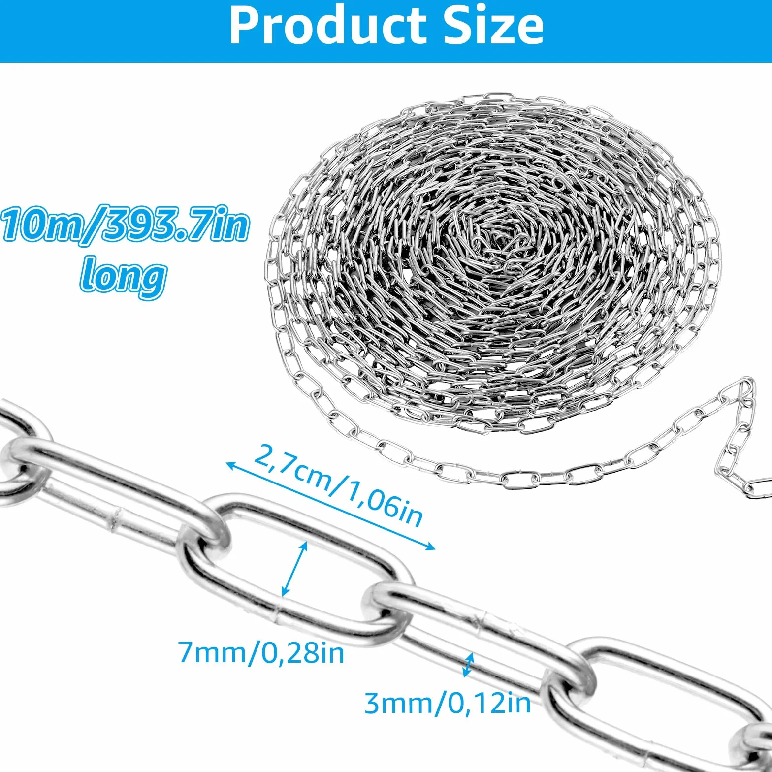 WOPPLXY Chainette Metal, Chaine Antivol Robustes 10m φ3 mm, Chaîne Acier Galvanisé pour Vélo, Porte de Clôture, Hamac, Chaise Hamac