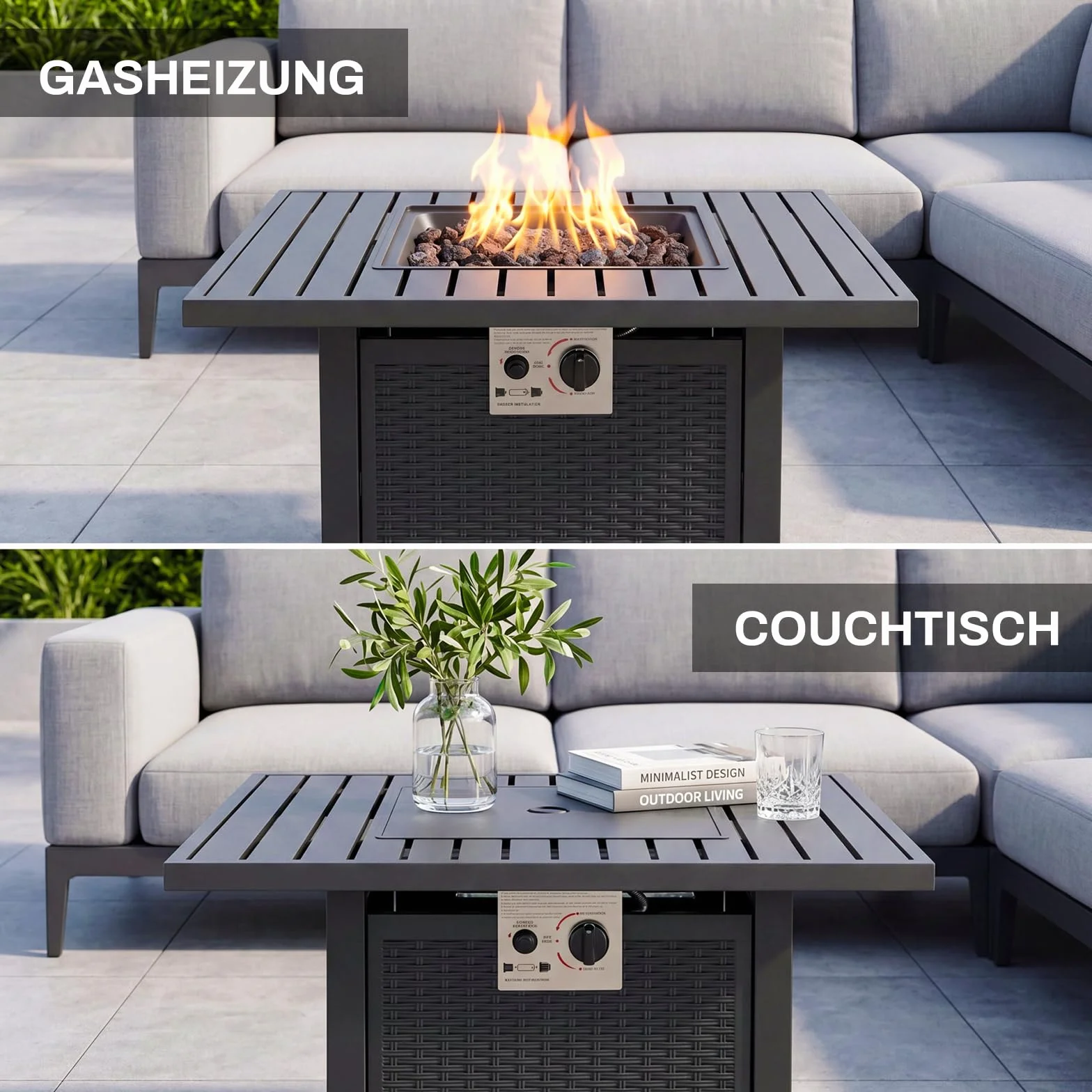 Foyer à Gaz Extérieur 28" Table de Cheminée avec Housse Protection Imperméable Pierres de Lave 72,5 x 72,5 x 67,5 cm